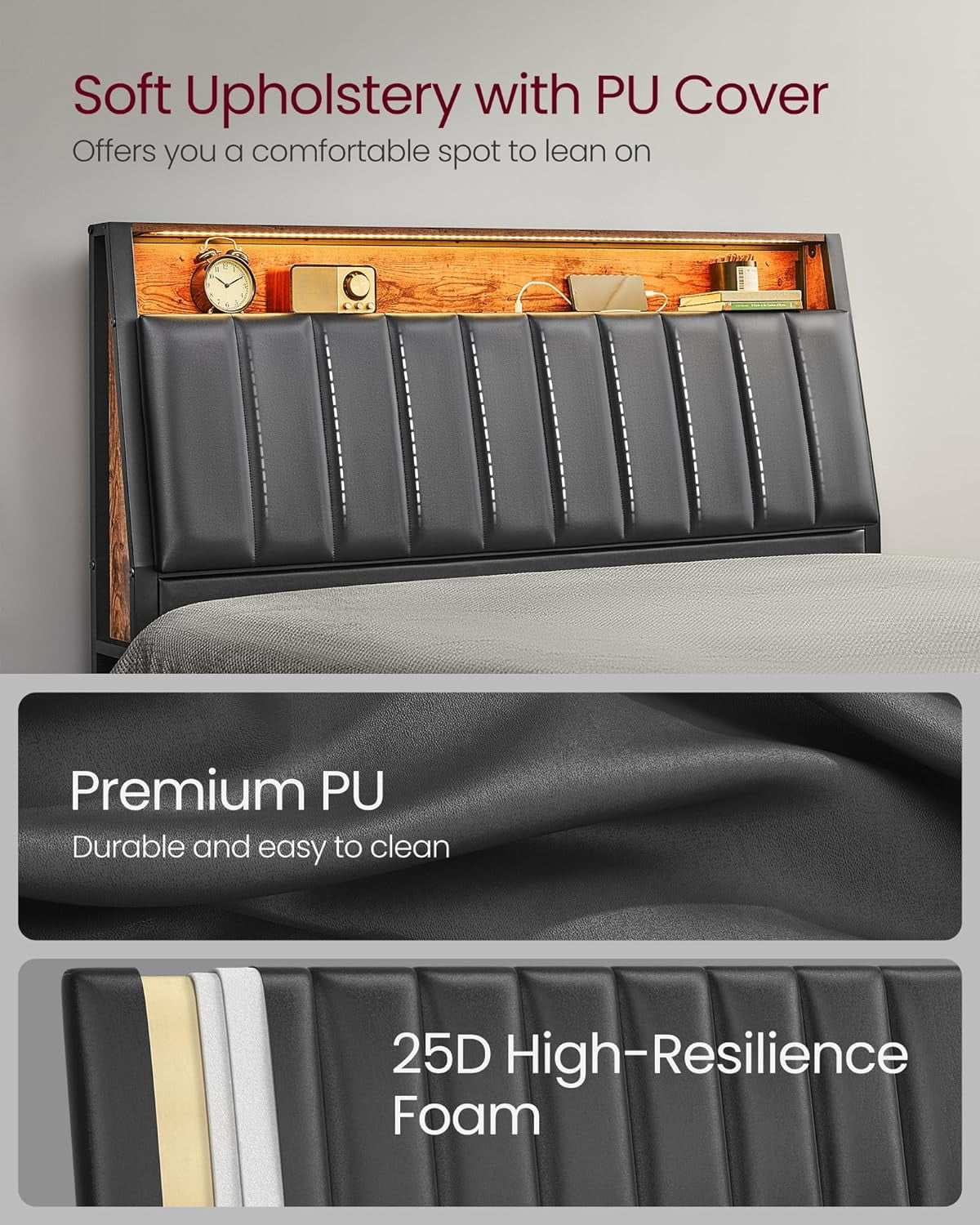 Queen Contemporary Steel PU Standard Bed with LED Lights, 1000lb Heavy Duty Platform Bed with Adjustable Lighting & No Box Spring Needed - Image 2