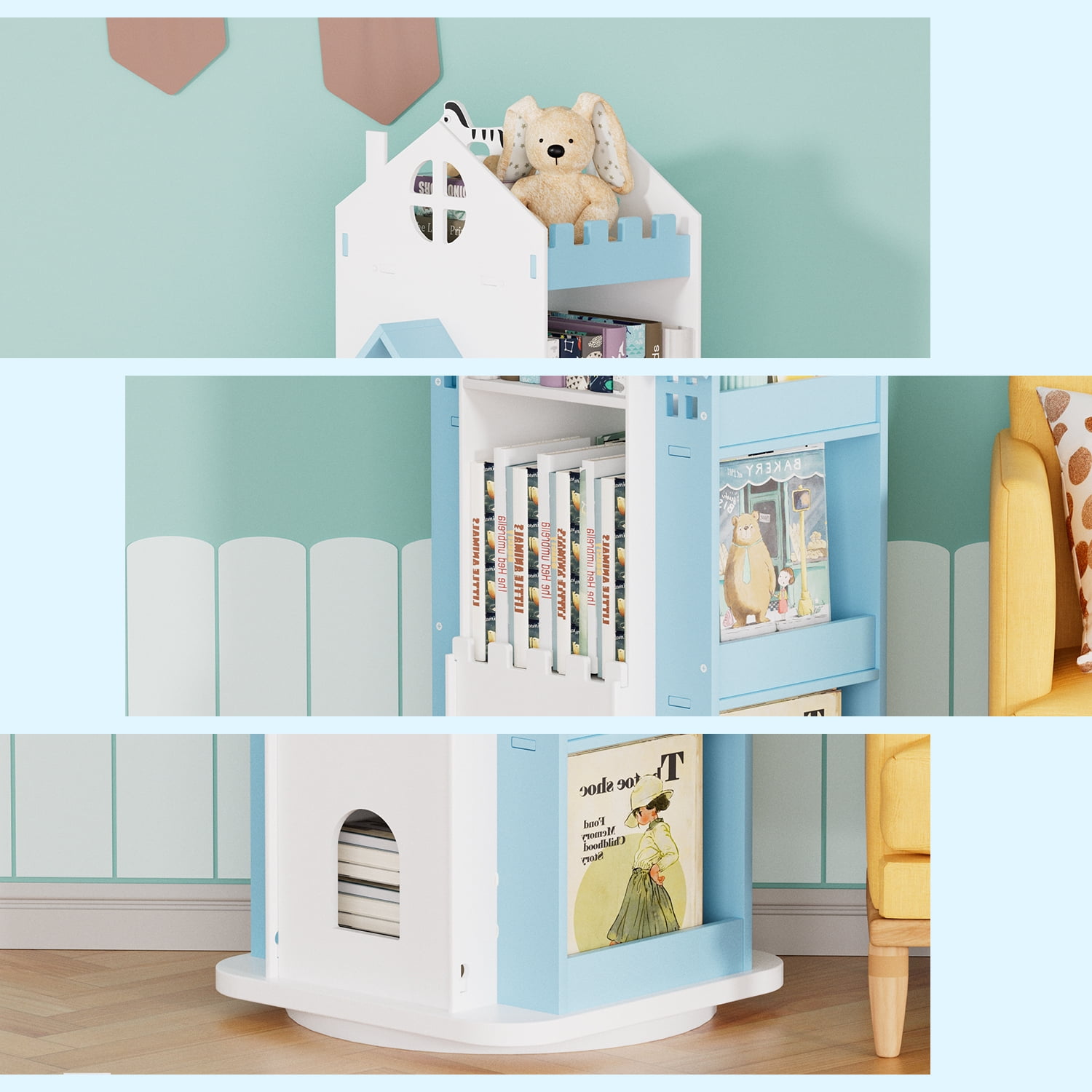 ymokee 3 Tier Rotating Bookshelf, 360° Display Rotating Bookcase, Corner Storage Rack Standing Revolving Bookcase, Swivel Bookshelf Display Rack in Bedroom Office Livingroom, Blue - Image 10