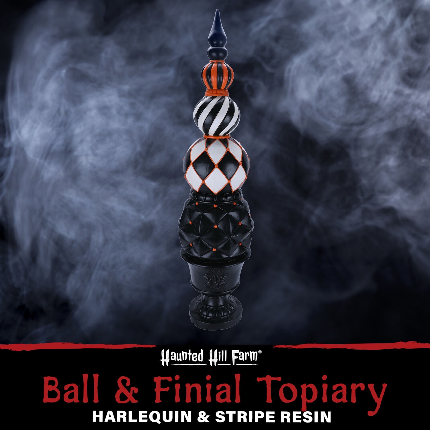 Haunted Hill Farm 4 ft Resin Ball and Finial Topiary in a Black Pedestal Urn Indoor/Outdoor Halloween Decoration, Harlequin and Stripe, HHRS050-0FIN-MLT - Image 5