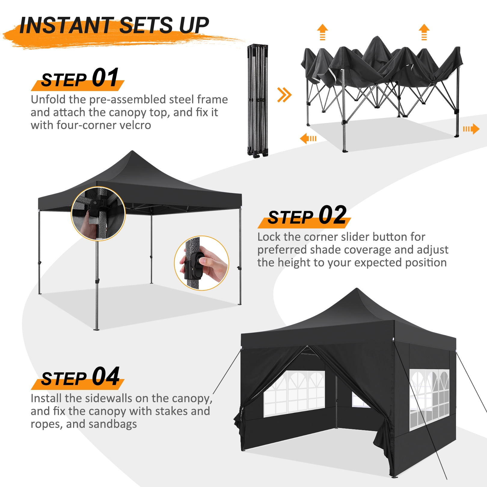 SANOPY 10x10 FT Pop Up Canopy Tent Outdoor Heavy Duty Commercial Instant Shelter Waterproof Party Tent Gazebo with 4 Removable Sidewalls, Roller Bag and 4 Sandbags, Black - Image 5