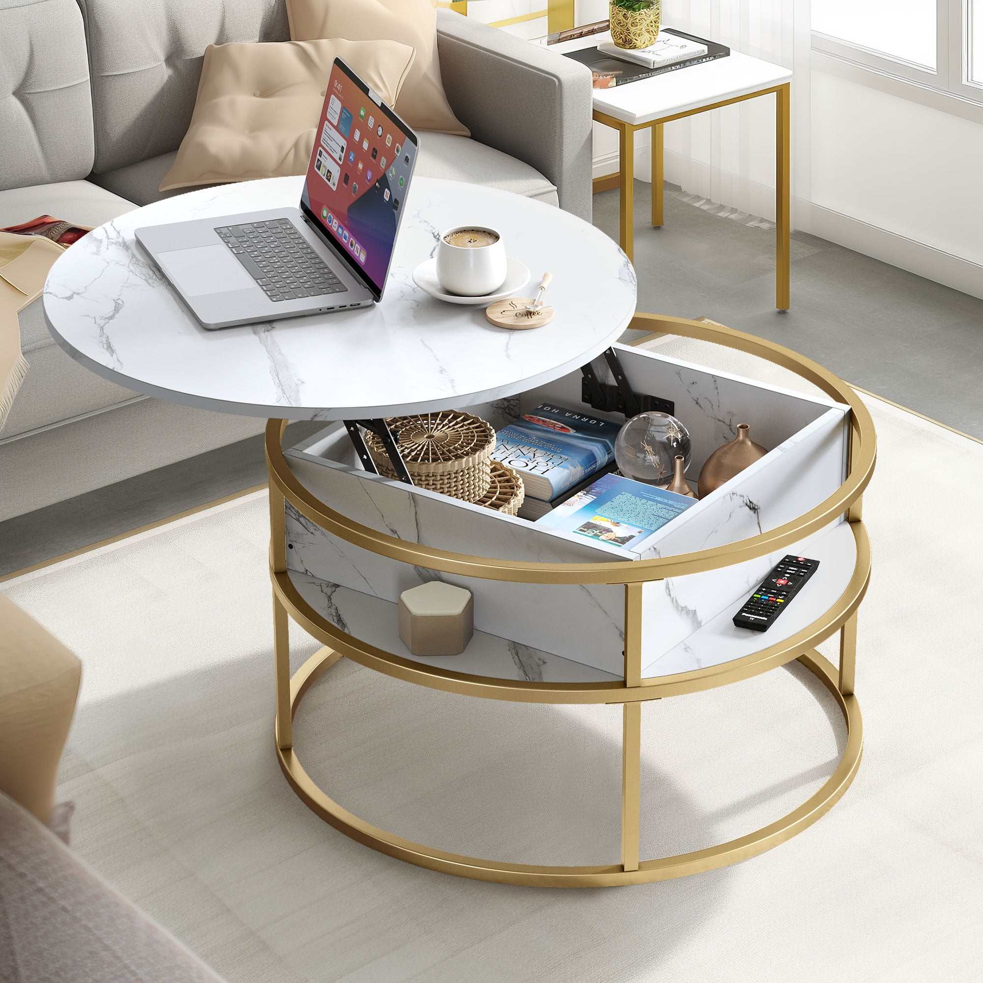 DEXTRUS Modern Lift-Top Round Coffee Table with Storage, Marble White, for Living Room & Office - Image 2