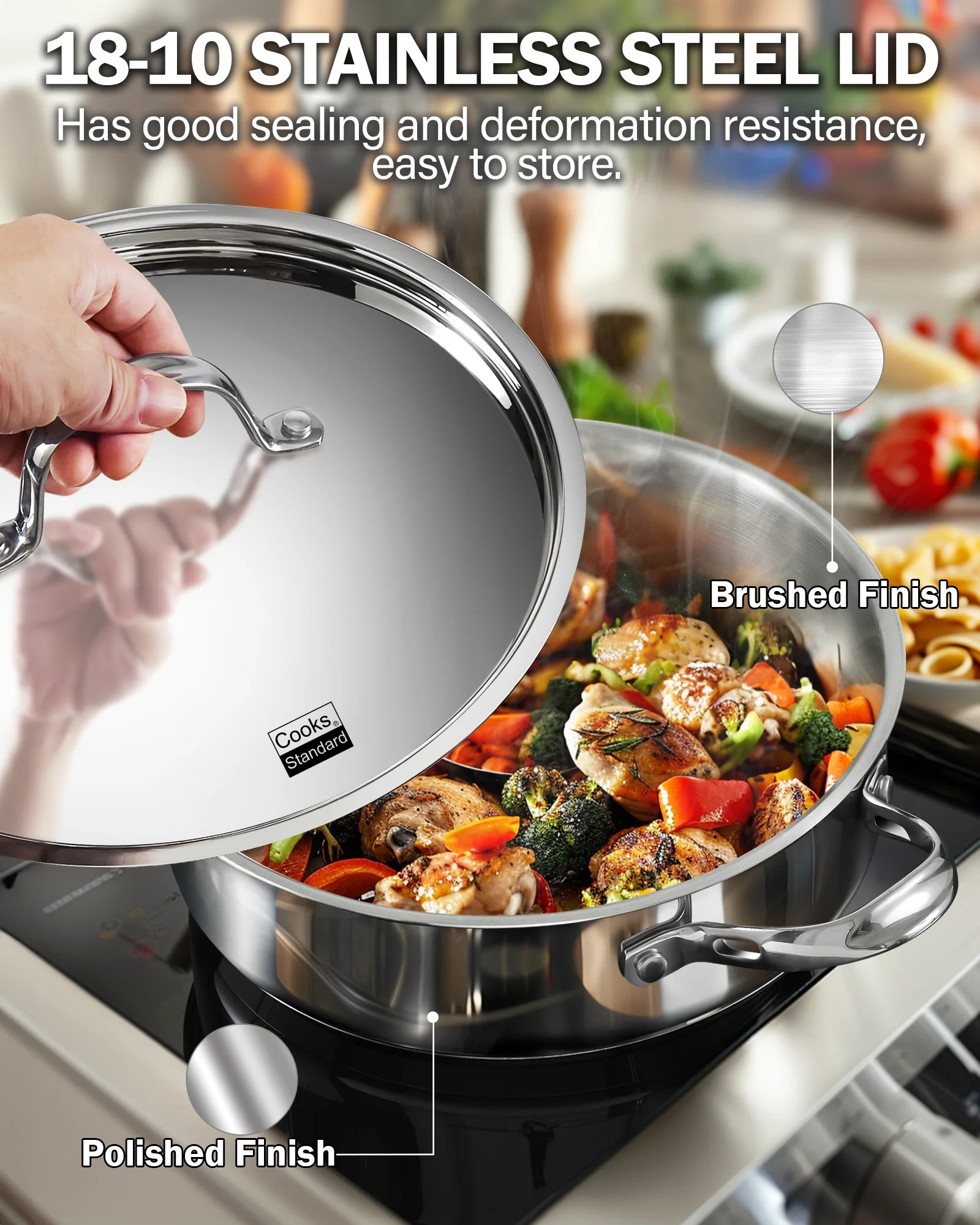 Cooks Standard Multi-Ply Clad Stainless Steel Deep Saute Pan, 4-Quart Jumbo Cooker with Helper Handle, Induction Frying Pan Skillet with Lid Heavy Duty Cookware - Image 8