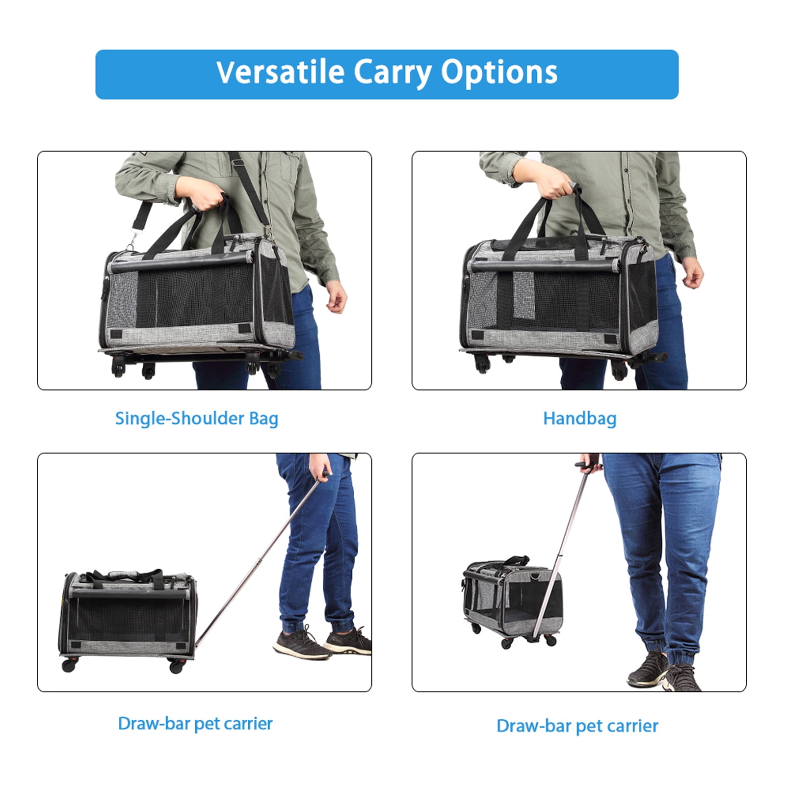 MEXMIODY Pet Carrier with Wheels, Airline Approved Dog Cat Carrier for Medium Small Dogs, Pet Travel Rolling Carrier, Telescopic Handle, Grey - Image 10