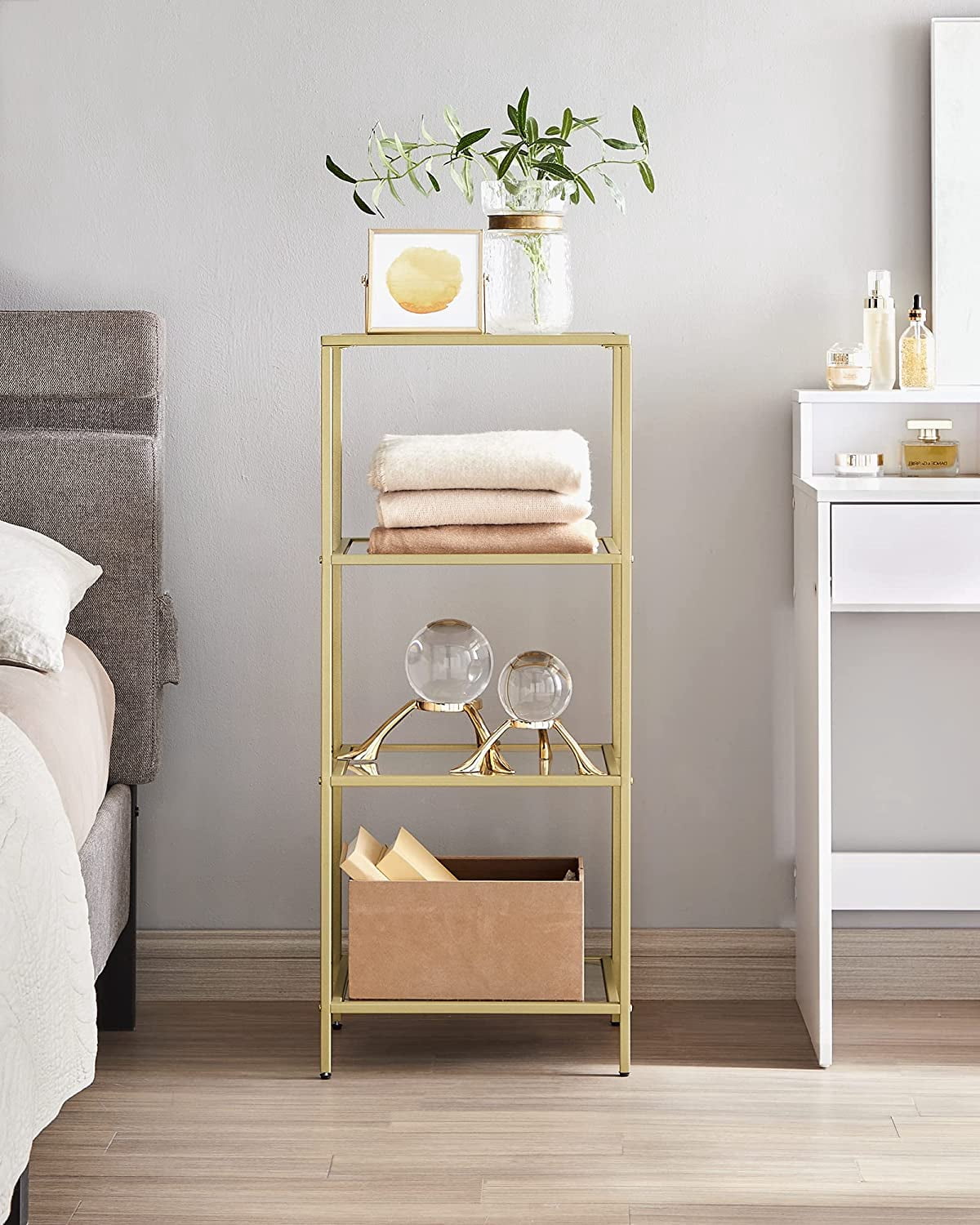 Bookcase 4-Tier Bookshelf Slim Shelving Unit for Bedroom Bathroom Home Office Tempered Glass Steel Frame Gold - Image 5