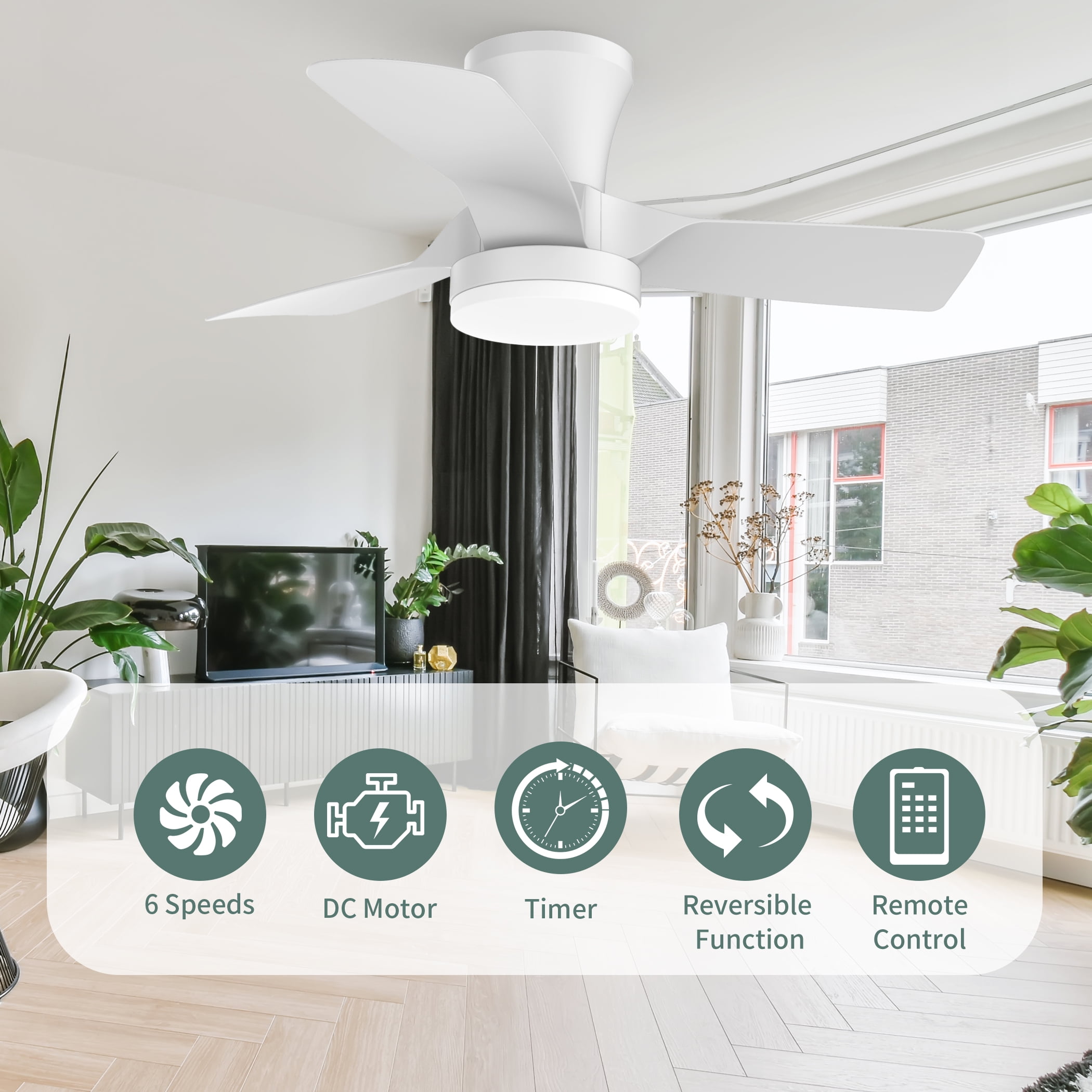SUNMORY Ceiling Fans with Lights and Remote, 30 inch Low Profile Ceiling Fan with Light, Modern Flush Mount Ceiling Fan for Bedroom/Kitchen/Dining Room/Patio, 6 Wind Speeds, Dimmable, White - Image 3