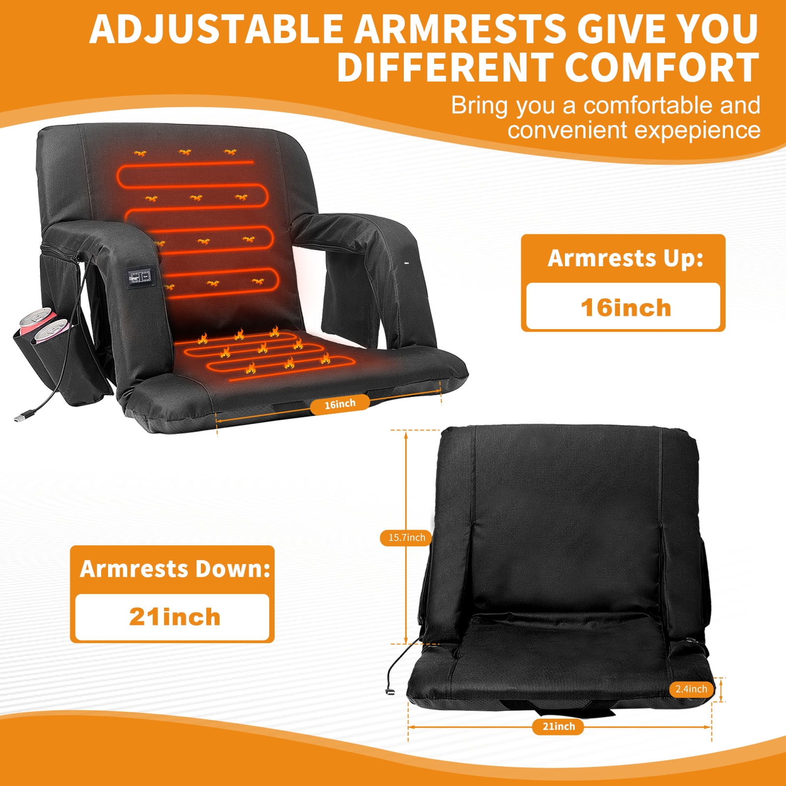 MOPHOTO 21IN Double Heated Stadium Seat Bleacher Seat with Back & Arm Support, Portable 6 Reclinng Positions Stadium Seating for Bleachers, Bleacher Seats for Sports Events, Outing, Travelling - Image 4