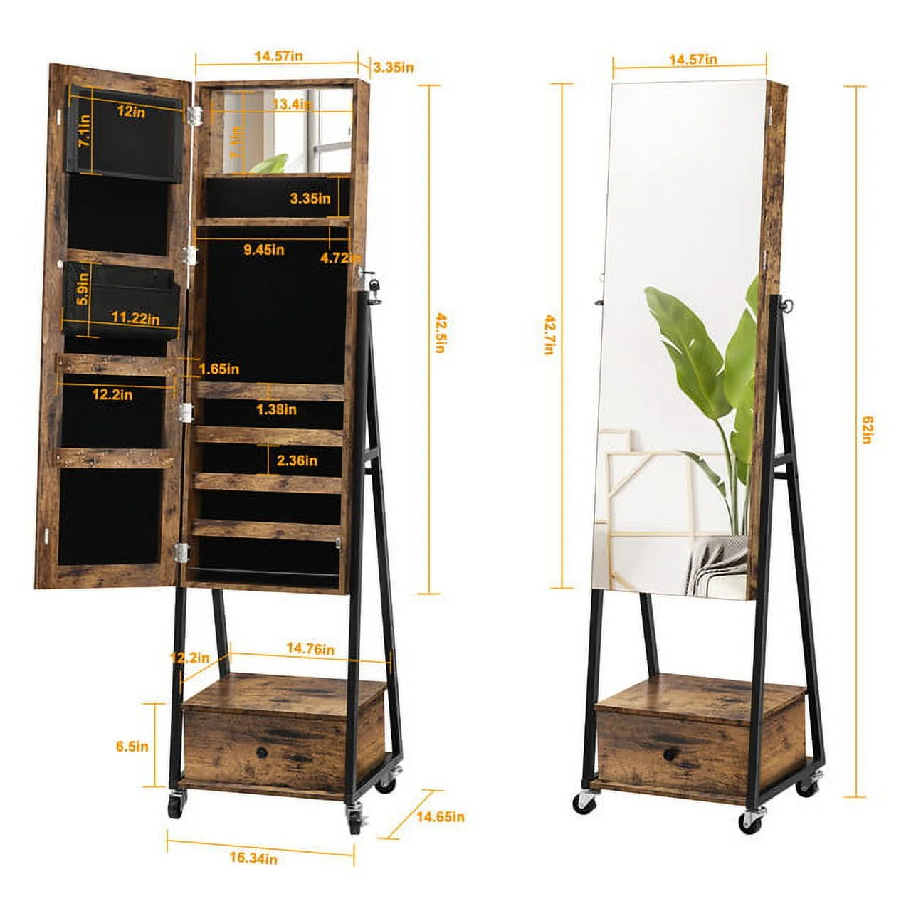 Oumilen Jewelry Armoire on Casters with Chest Drawer in Burnt Wood Brown for Adults - Image 7