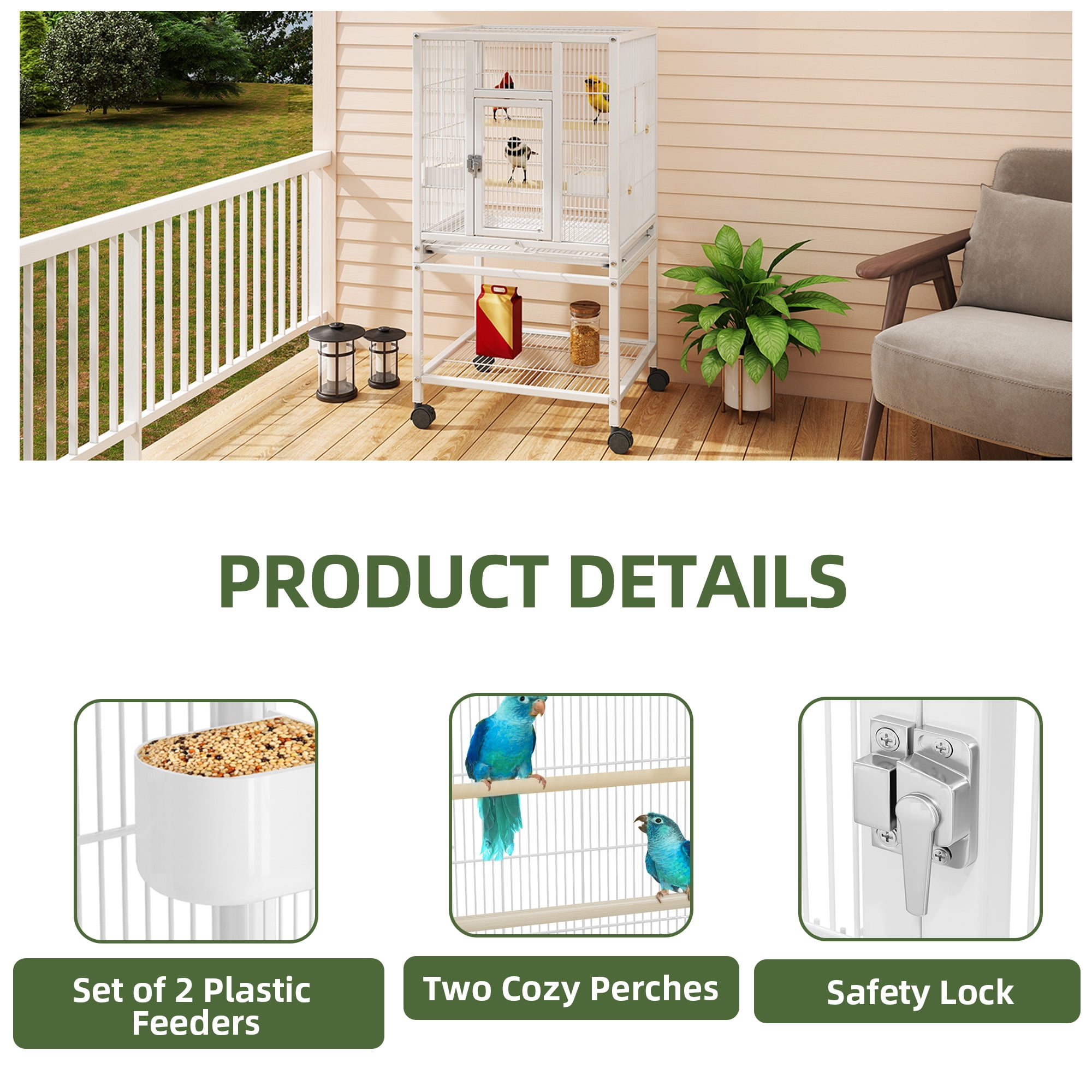 Uforic 41" Metal Birdcage with Rolling Stand and Castor Wheels, Large Parrot Cage with 2 Perches and 2 Feeders, Spacious Storage Tray, White - Image 4