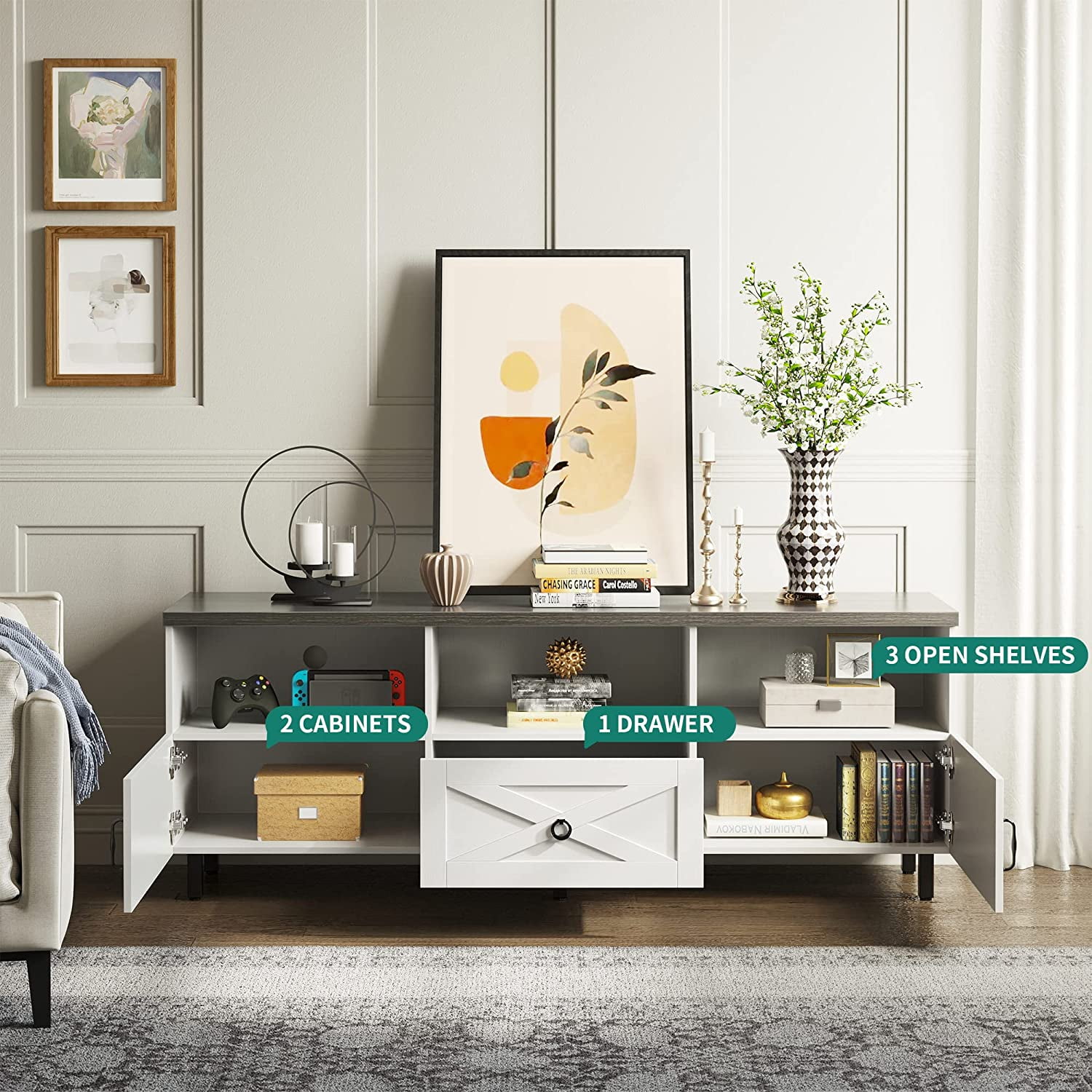 Dextrus Modern TV Stand for 70/65 inch, Wood Media Console with Storage Cabinet and Open Shelves, White/Grey - Image 5