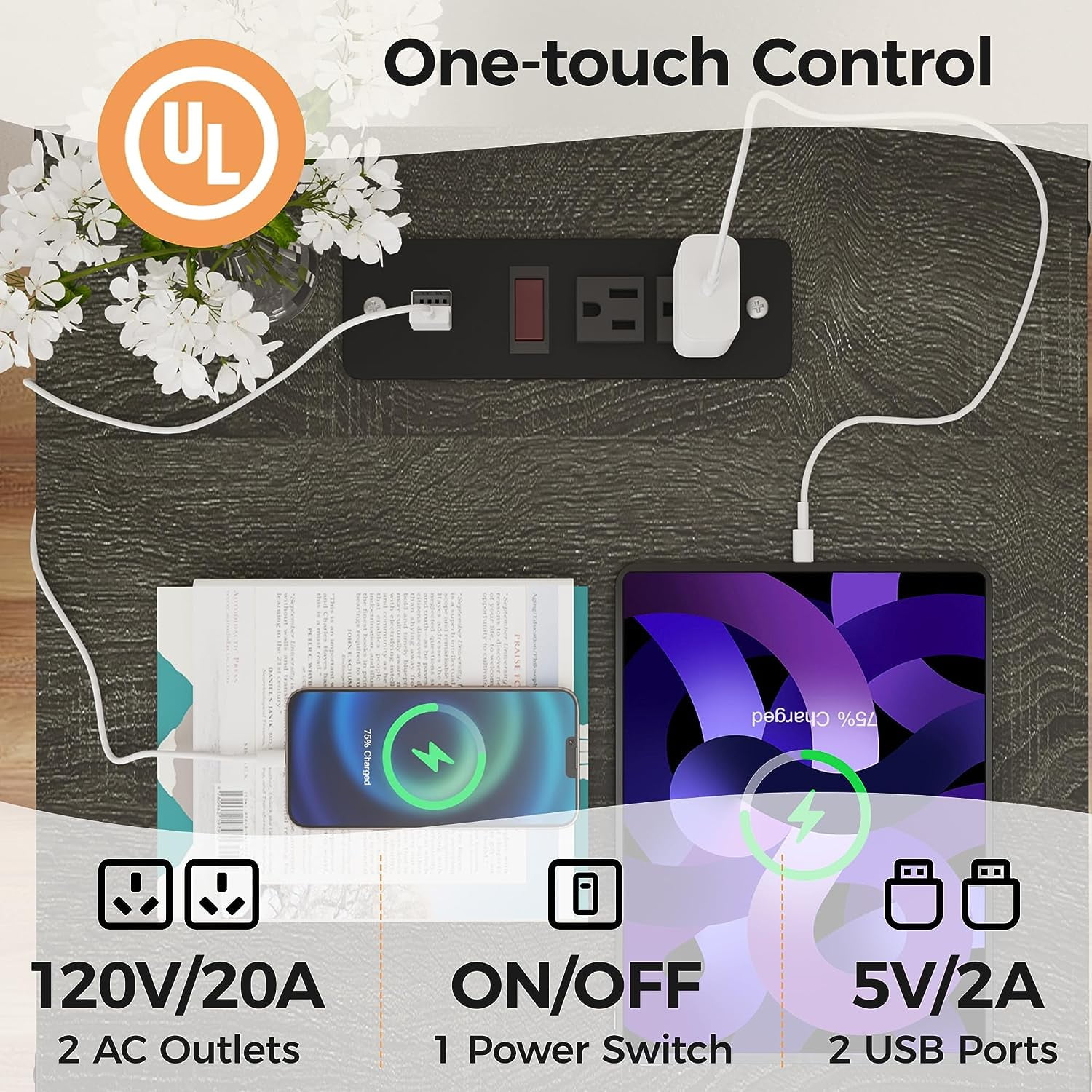 Mayincolor Farmhouse Nightstand with Charging Station, Tall Bedside Table with X-Shaped Design, Wooden Rustic End Table with Large Storage Room and Shelf for Bedroom, Living Room, Rustic Dark Grey - Image 4