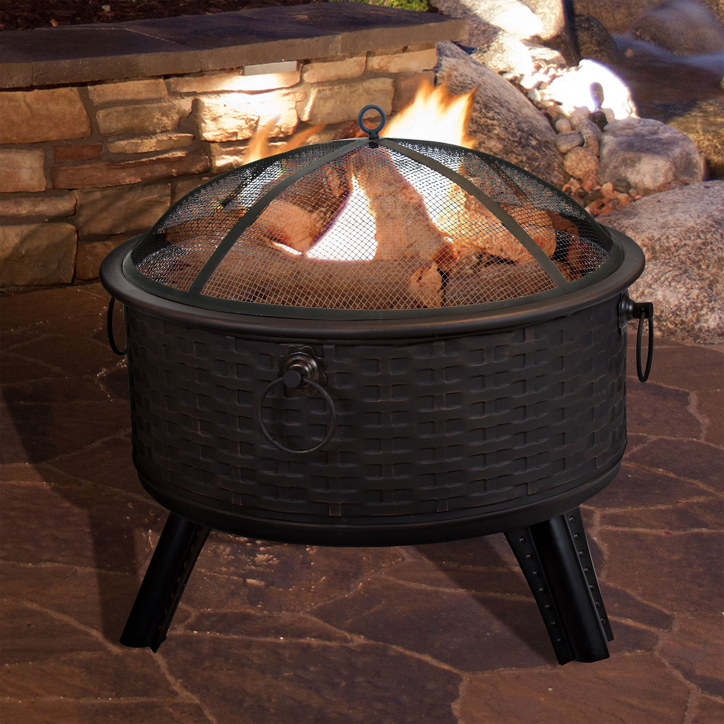 Pure Garden 25.5" Wood Burning Outdoor Fire Pit with Screen, Poker & Cover, Basketweave Design, Bronze - Image 2
