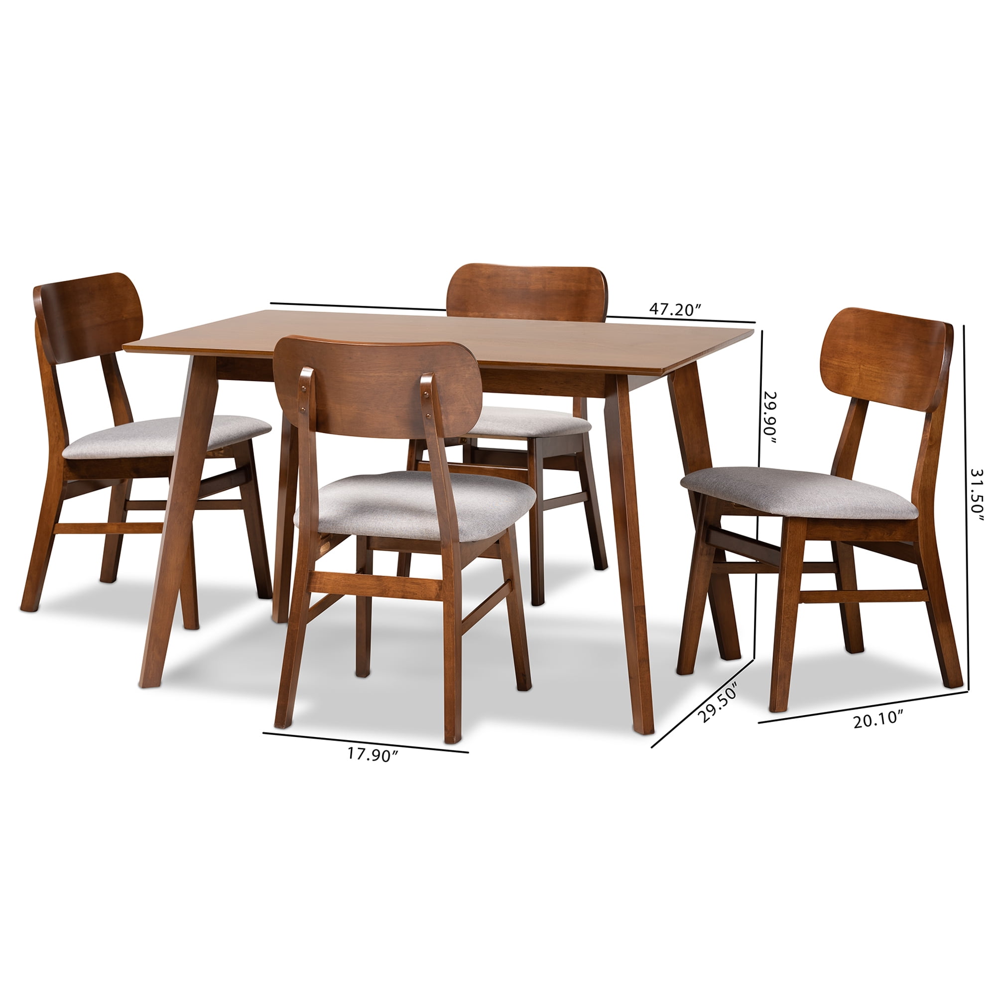 Baxton Studio Euclid Mid-Century Modern Grey Fabric Upholstered and Walnut Brown Finished Wood 5-Piece Dining Set - Image 6