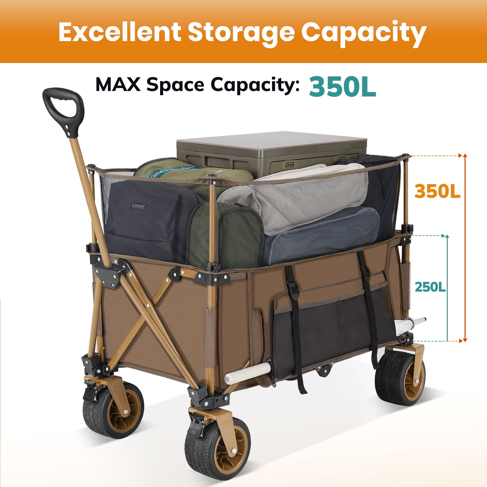 Collapsible Camping Beach Wagon, VECUKTY 350L Garden Cart, Heavy Duty Utility Fold Wagon with Big Wheel & Side Pickets for Garden, Camping, Sport, Shopping, Brown - Image 2