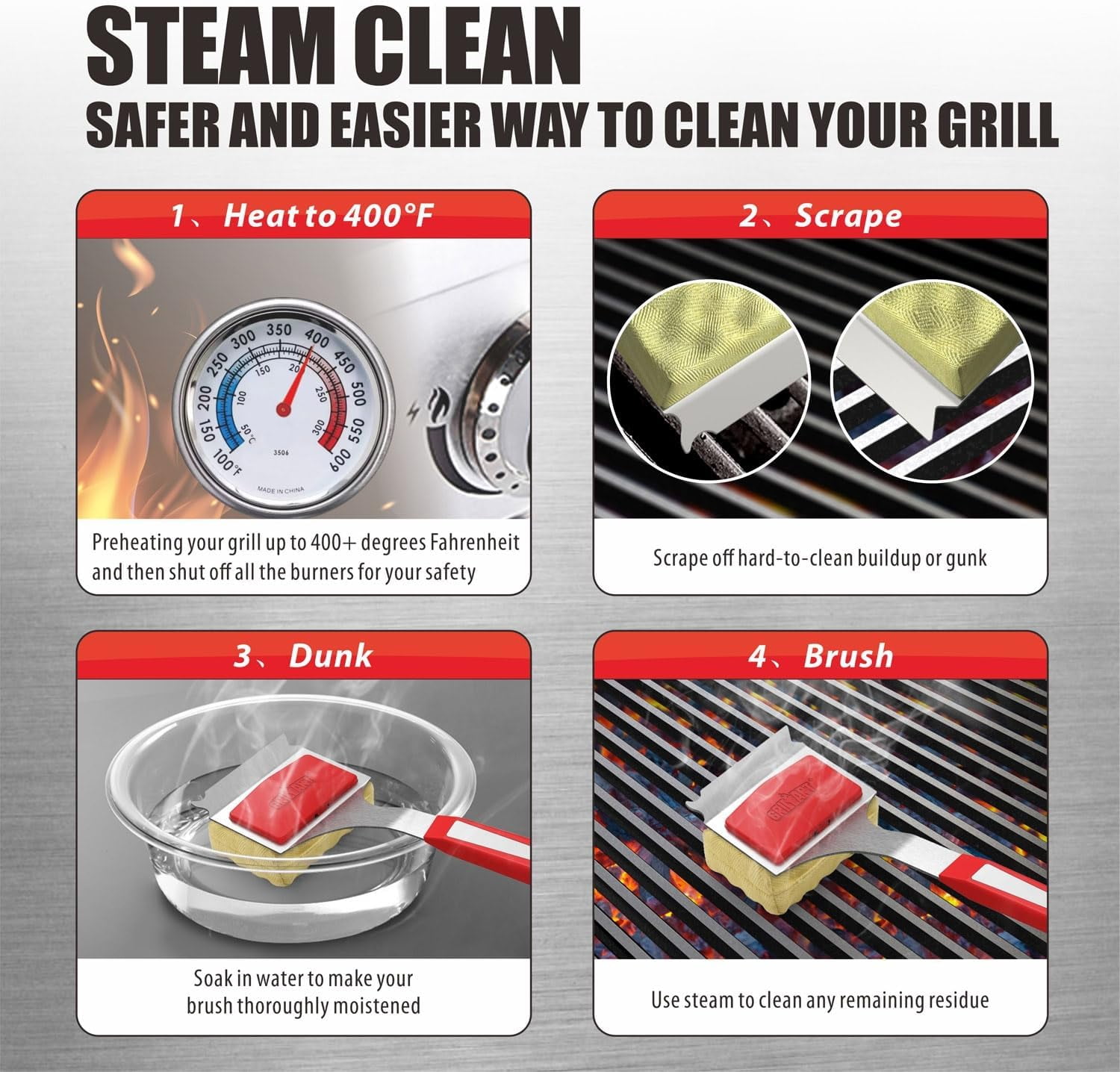GRILLART Grill Brush Bristle Free. Upgraded BBQ Replaceable Cleaning Head, Unique Seamless-Fitting Scraper Tools for Cast Iron/Stainless-Steel Grates, Safe Barbecue Grill Cleaner-Red - Image 7