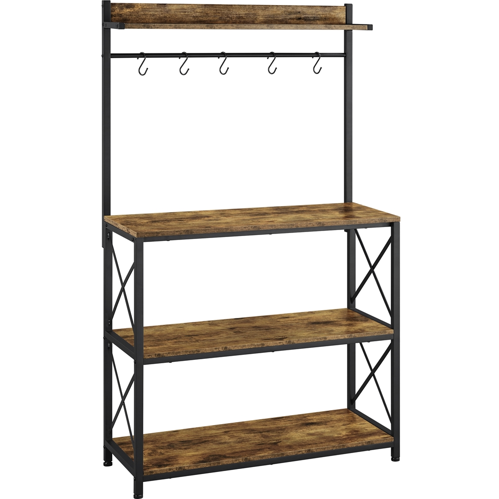 Alden Design 4-Tier Bakers Rack Kitchen Storage Shelf with S-Hooks, Rustic Brown - Image 4
