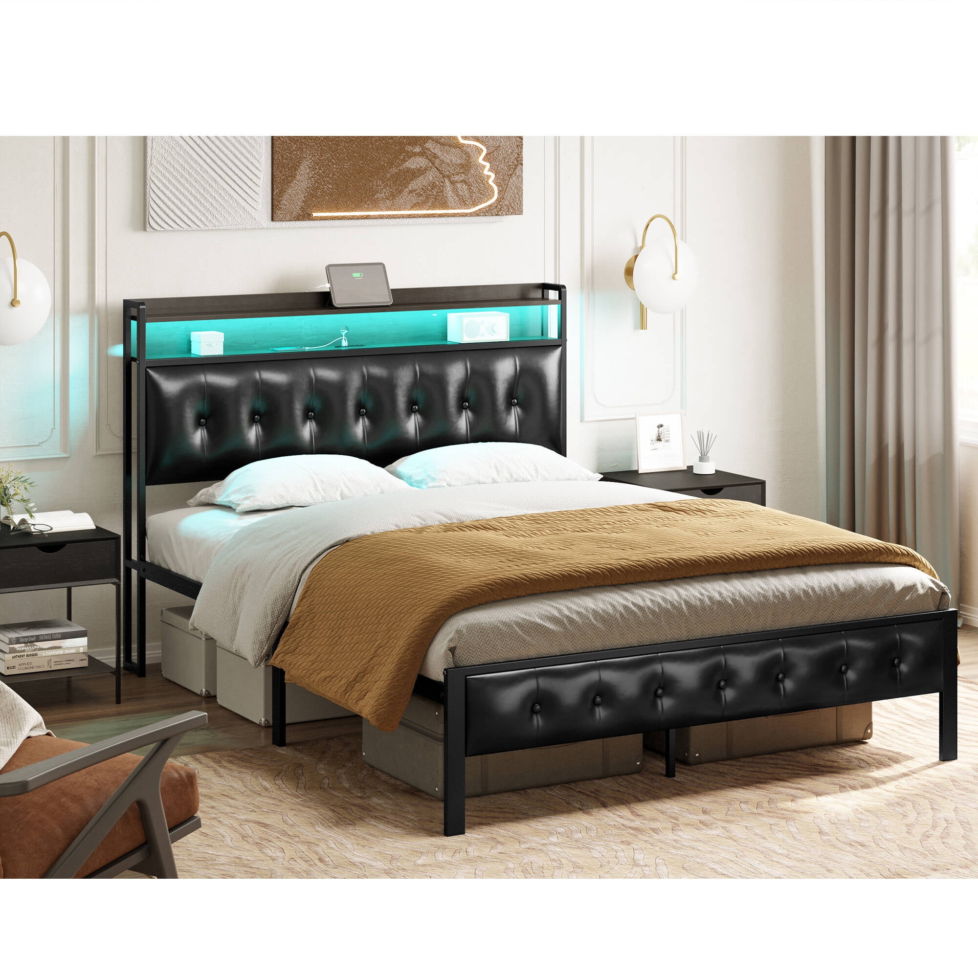 GUNAITO Queen Bed Frame with Storage Headboard Upholstered Platform Bed with LED Lights and Power Charging Station, Black - Image 2