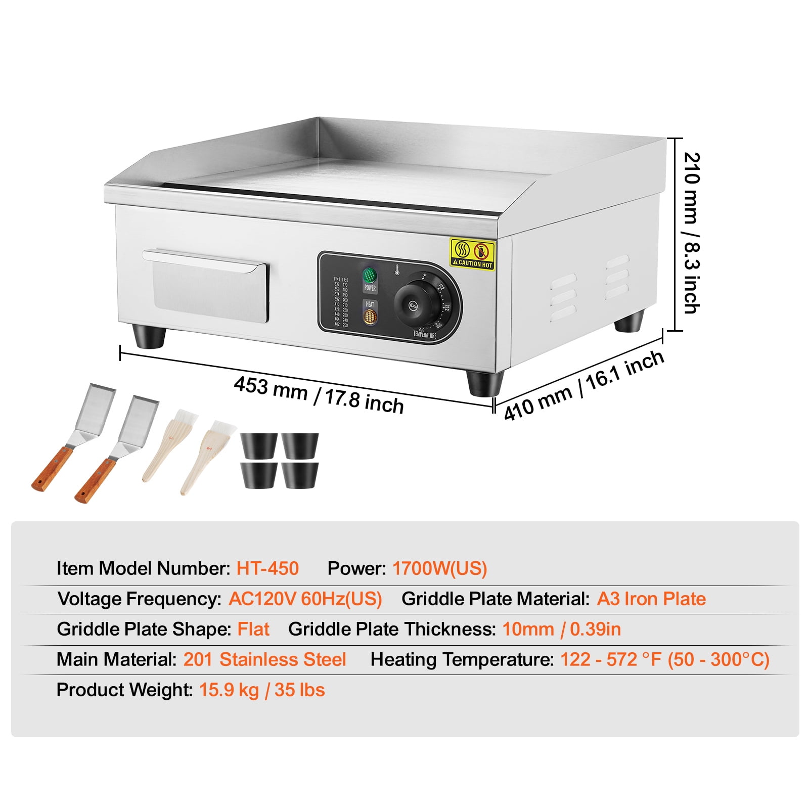 KFFKFF Electric Griddle for Commercial Use, 1700W Countertop Grill with Flat Surface, Temperature Control from 122℉ to 572℉, Dimensions 17.72 x 11.81 x 0.39 inches,and 2 Brushes - Image 9