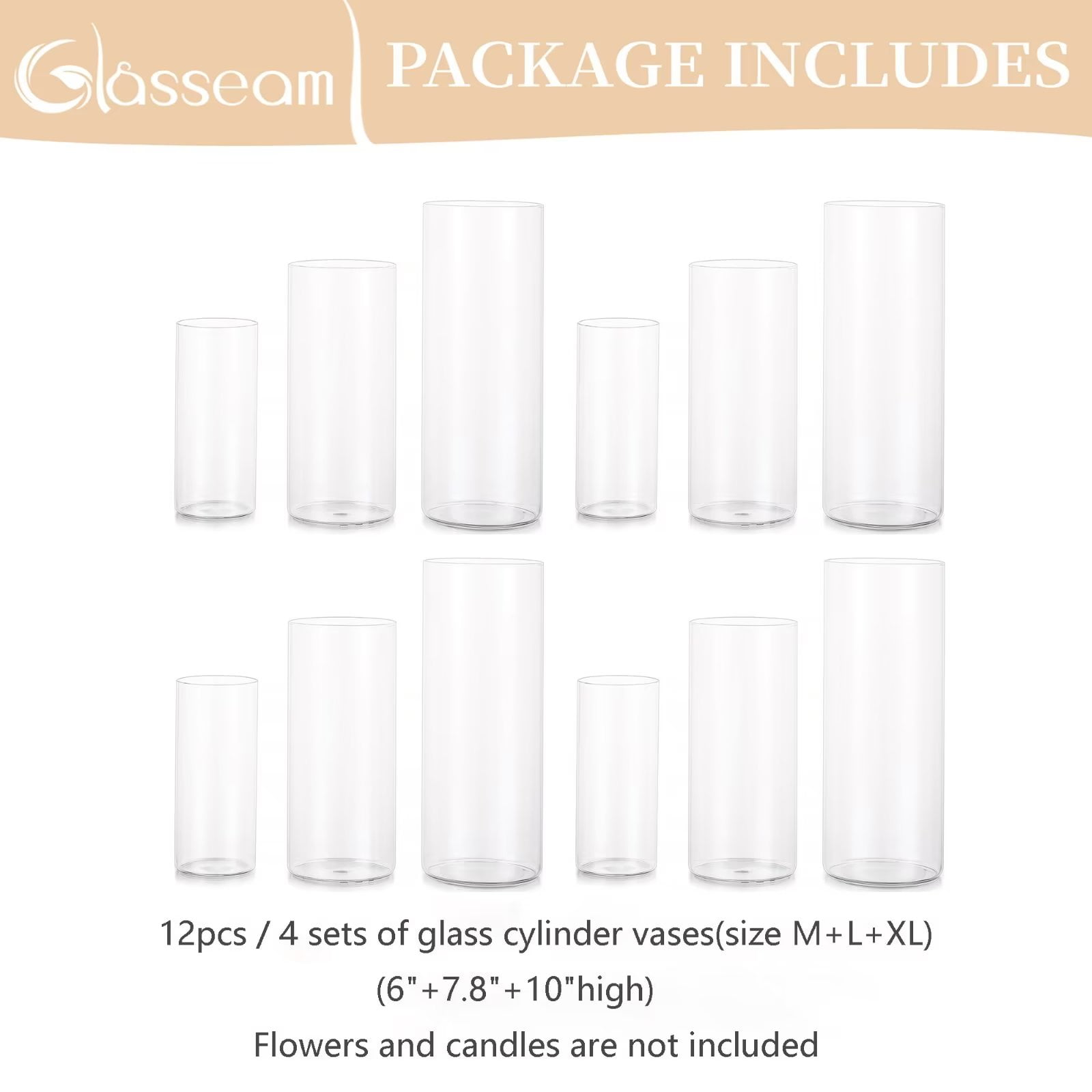 Glasseam Set of 12 Clear Glass Cylinder Vases Hurricane Pillar Candle Holders, 6", 8" & 10" - Image 7