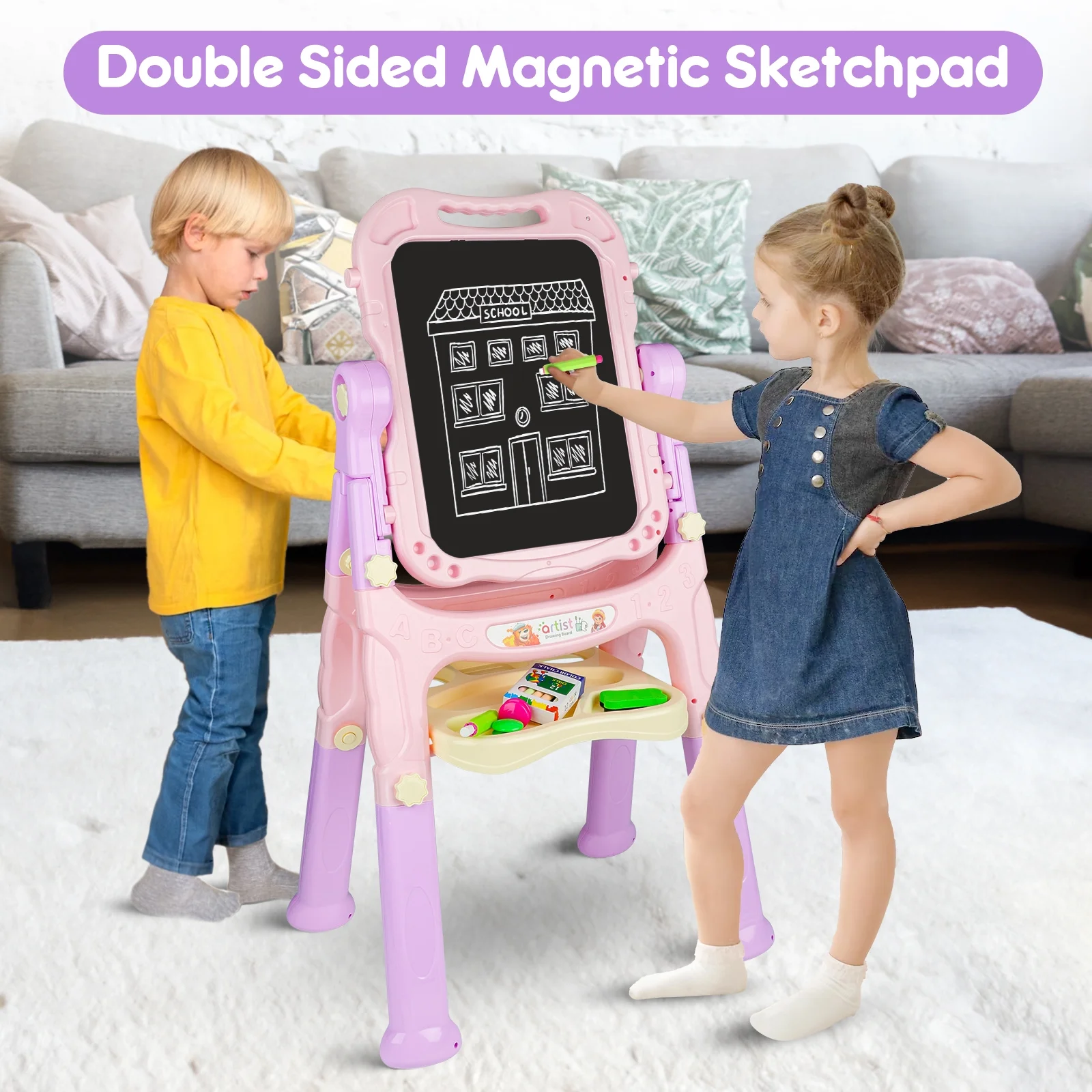 Beefunni Art Easel for Kids 3+, 4 in1 Double-Sided Easel for Toddlers, Large Magnetic Board, Portable Drawing White Board & Chalkboard, Birthday Gifts for Girls 3 4 5 6 - Image 8