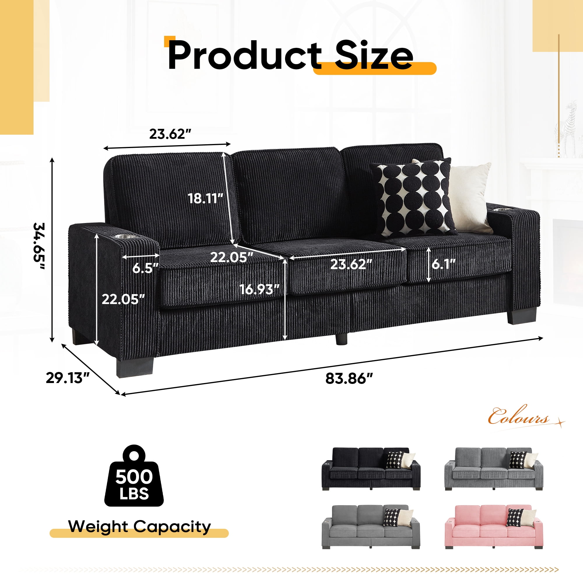 Lunale 83.9" Corduroy Sofa with Cup Holders, Modern 3-Seater Couch for Living Room, Black - Image 7