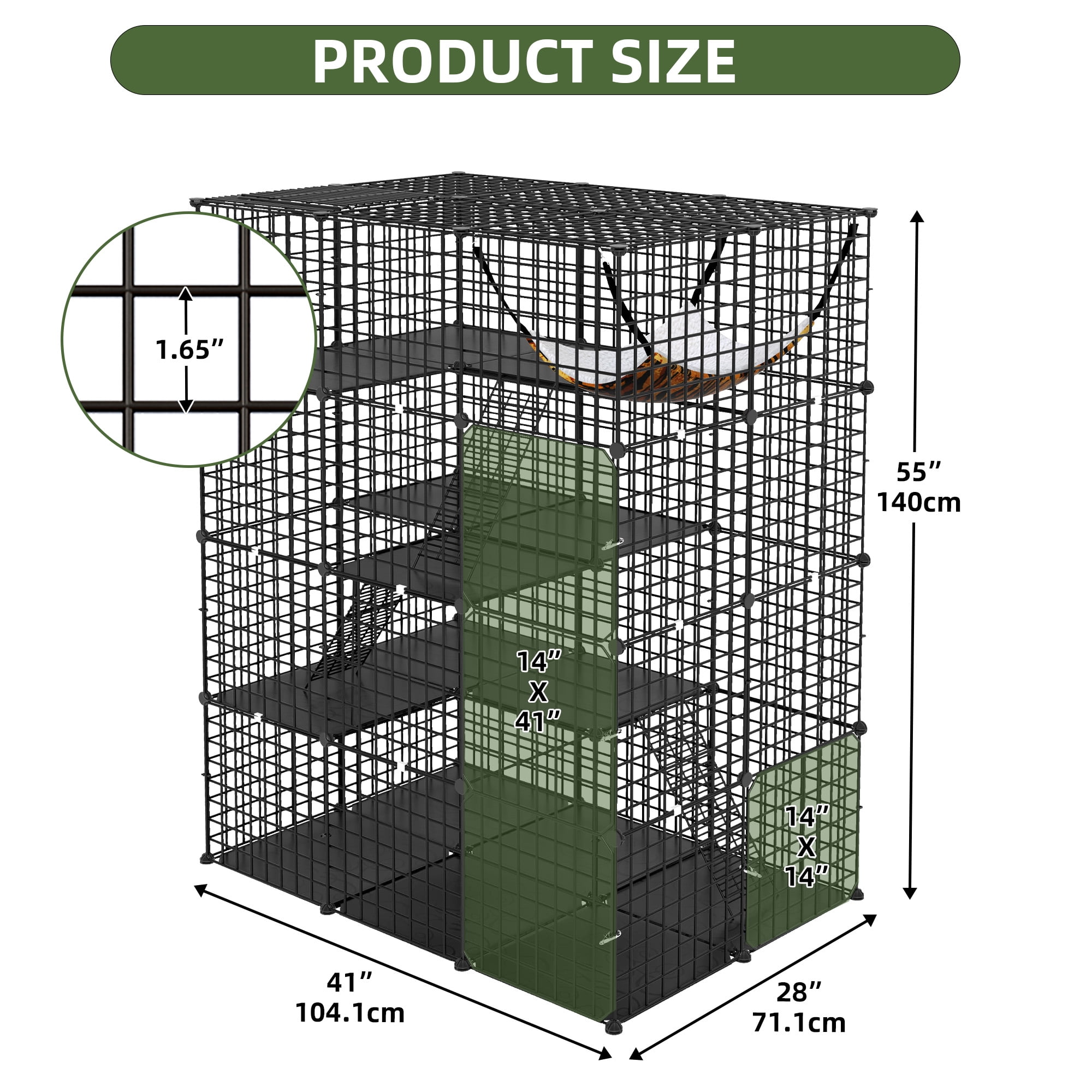 Uforic Large 4-Tier Cat Cage with Extra Large Hammock – Metal Playpen Cat Kennel for 1-3 Cats, Indoor DIY Cat Enclosure, Black, 41"L x 28"W x 55"H - Image 3