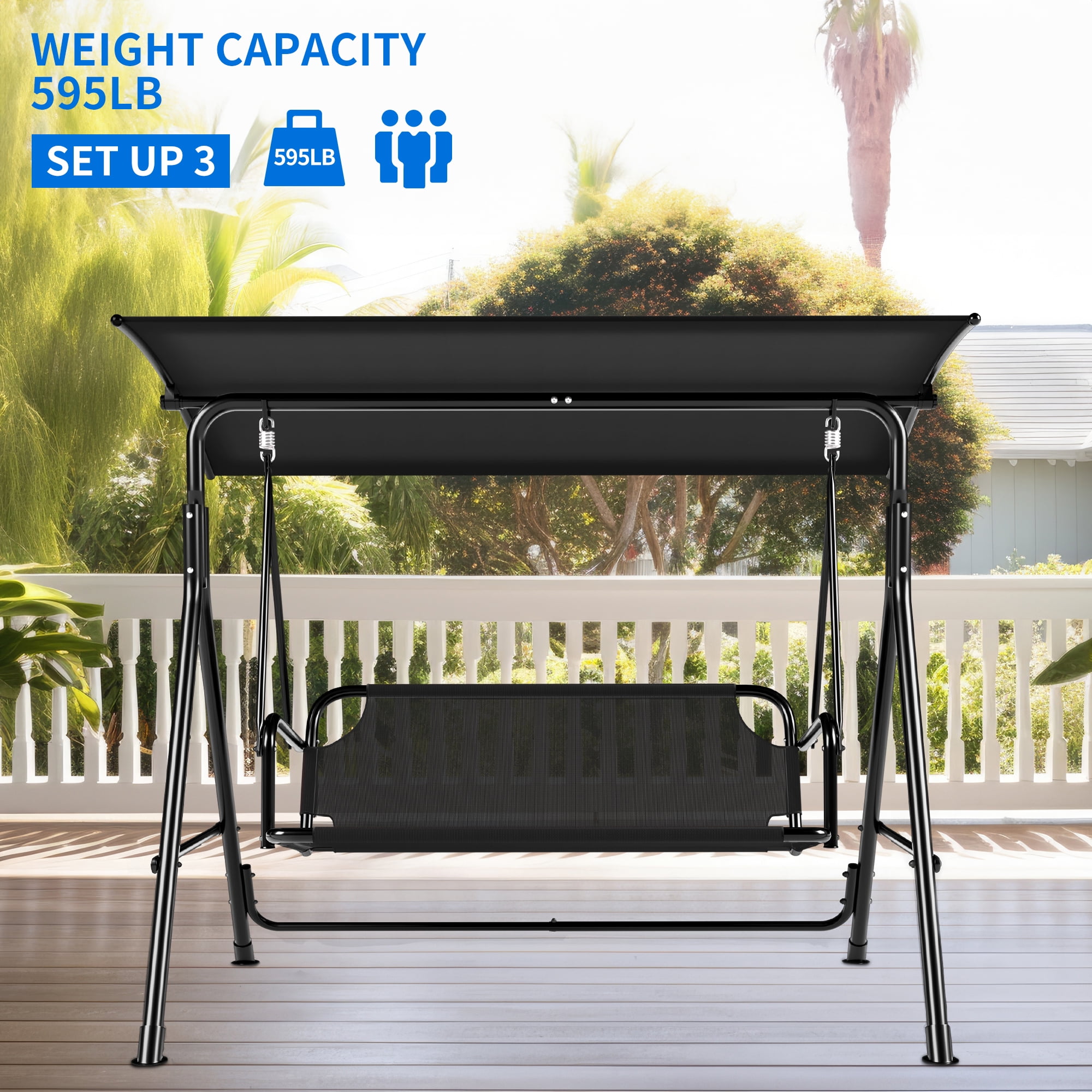 Uforic 3 Person Porch Swing Heavy Duty Outdoor Patio Swing Chair with Adjustable Canopy Weather Resistant Steel Frame for Garden, Lawn, Balcony, Black - Image 5