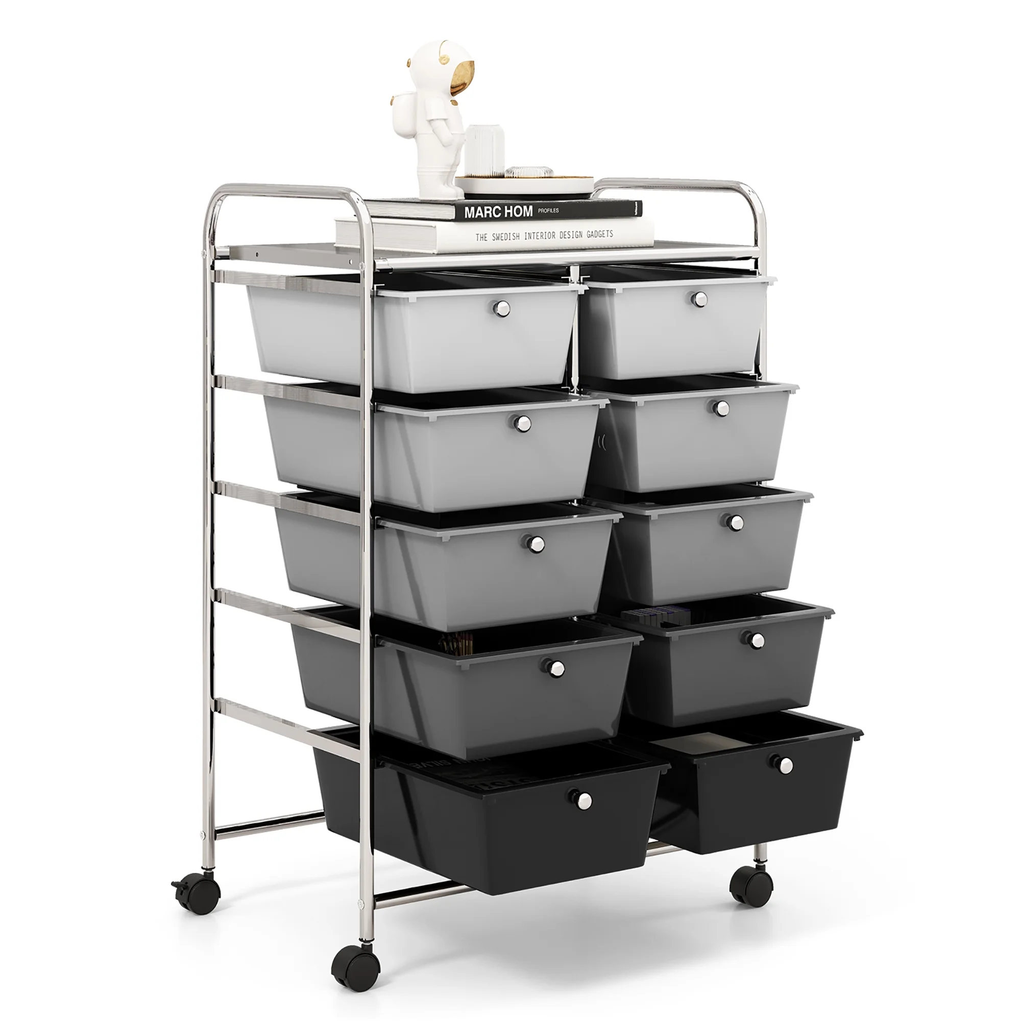 Gymax 10-Drawer Rolling Storage Cart Tools Scrapbook Paper Organizer on Wheels Black Gradient - Image 3