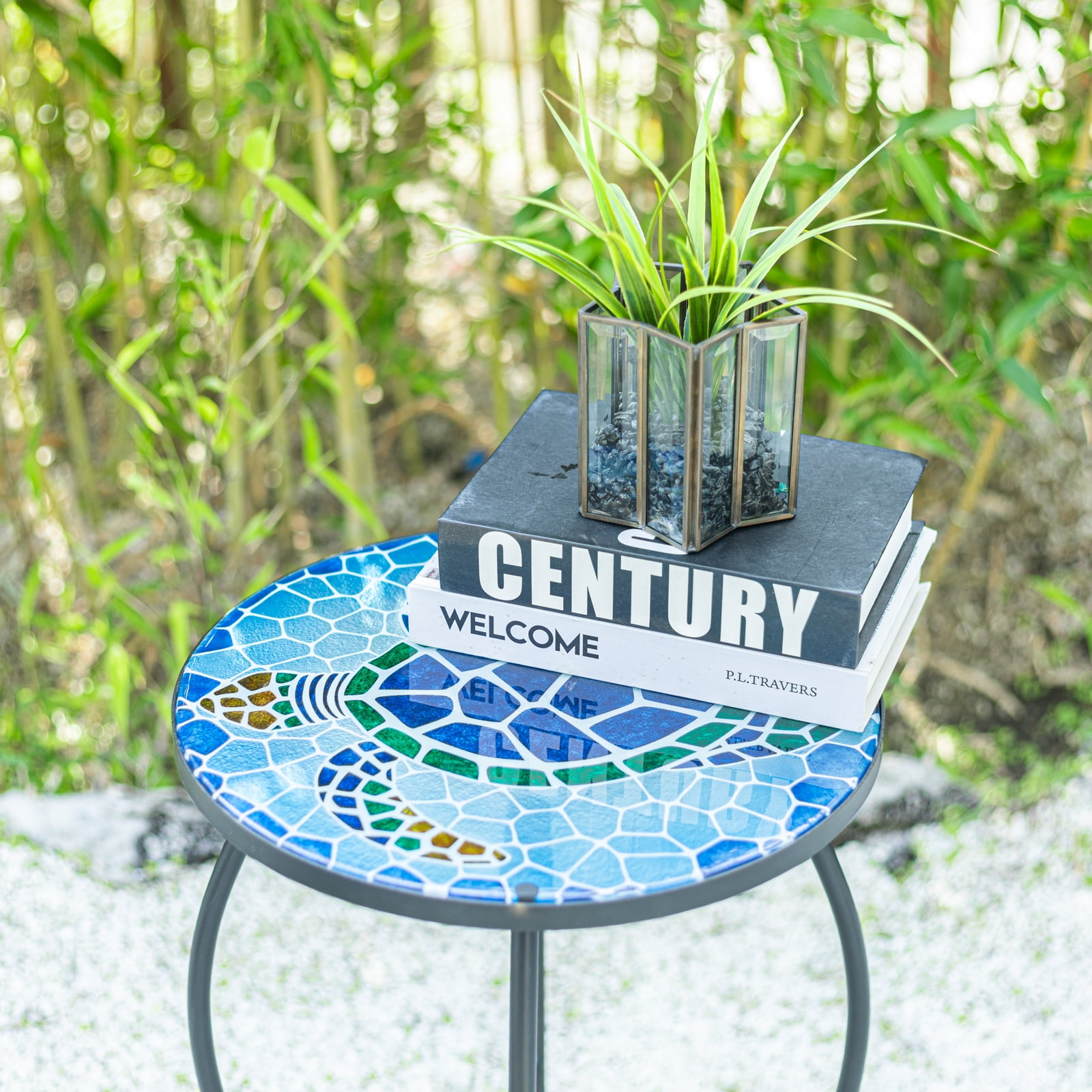 Wonder Garden 21 Inch Table Round Outdoor End Tables for Patio Mosaic Glass Tabletop Coffee Table Plant End Table Small Porch Table Indoor Green and Blue Sea Turtle - Image 7