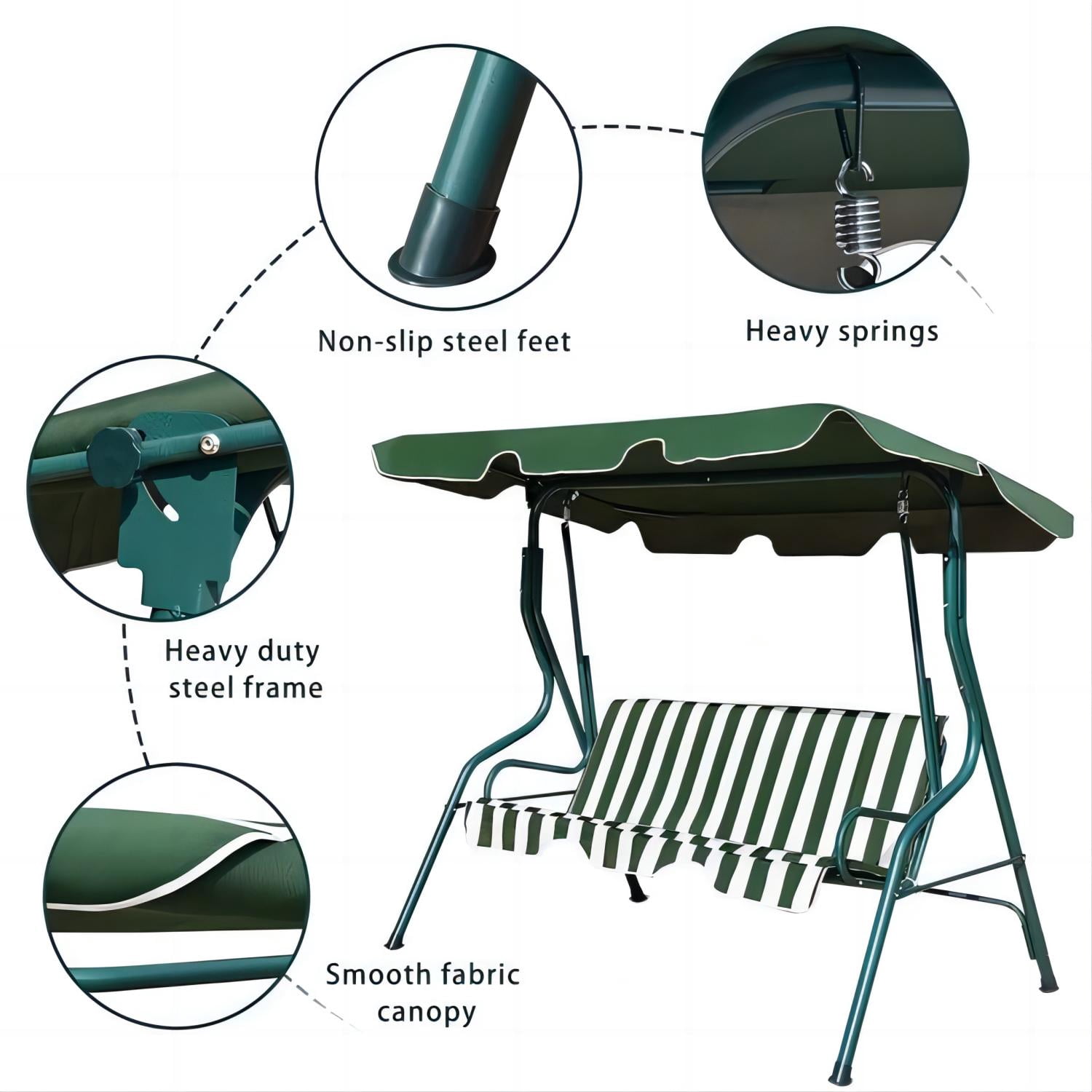 YouYeap 3 Seat Outdoor Patio Swing Chair with Removable Cushion, Green - Image 6