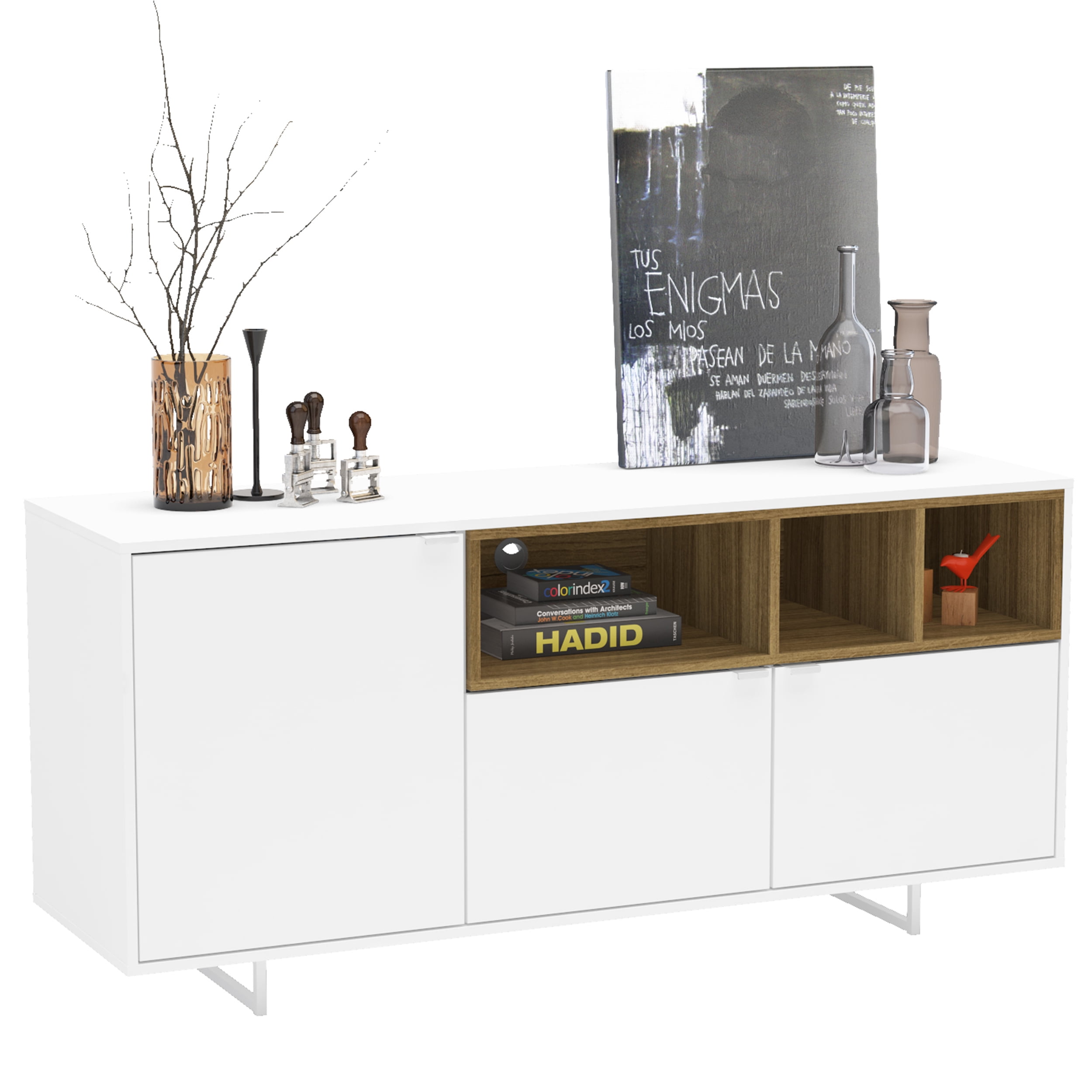 Polifurniture Honolulu TV Stand with 3 Open Shelves for TVs up to 65, White & Walnut - Image 6