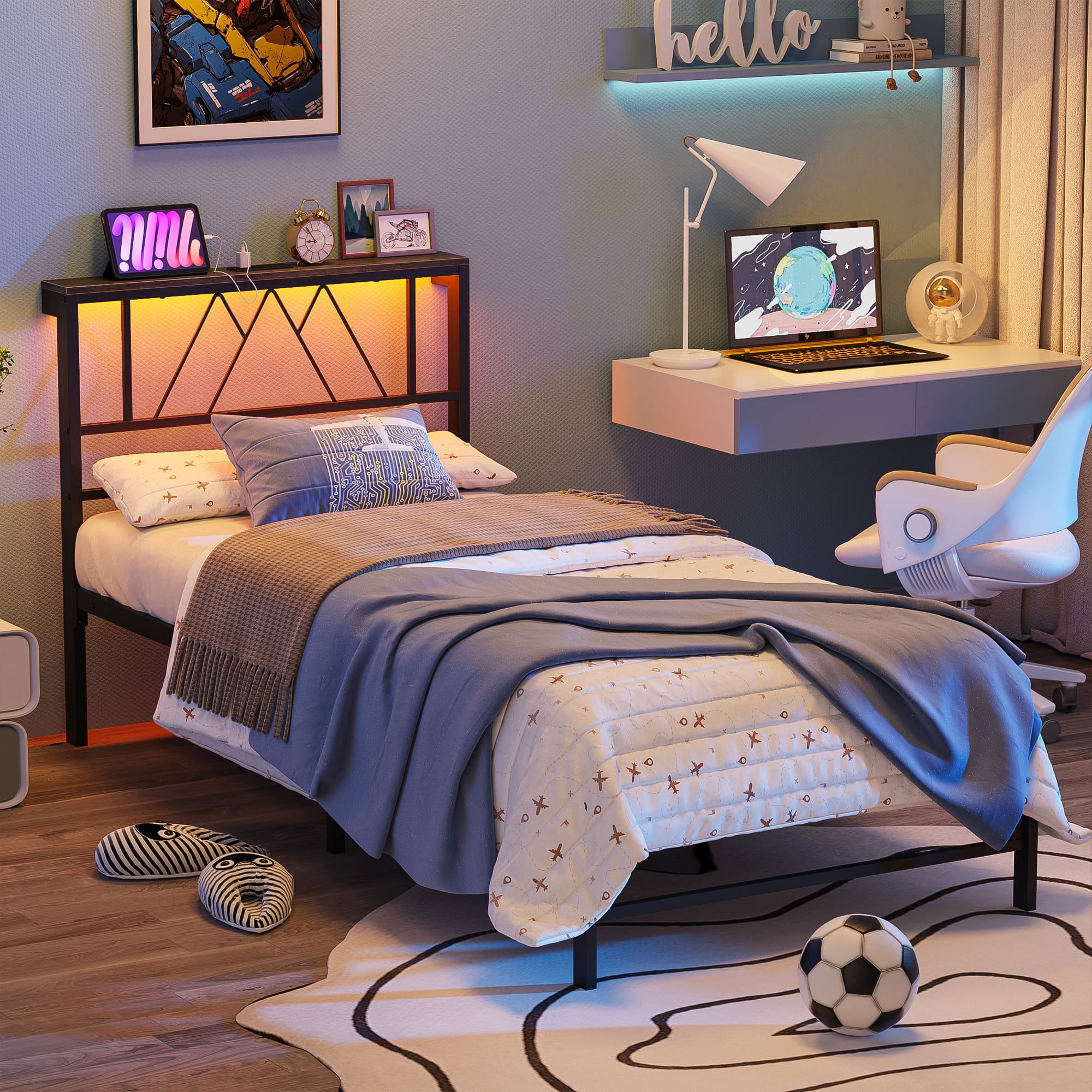 Yoneston Twin Size Platform Bed Fame with LED and Charging Station Storage Headboard No Box Spring Need for Kids Furniture, Black - Image 5