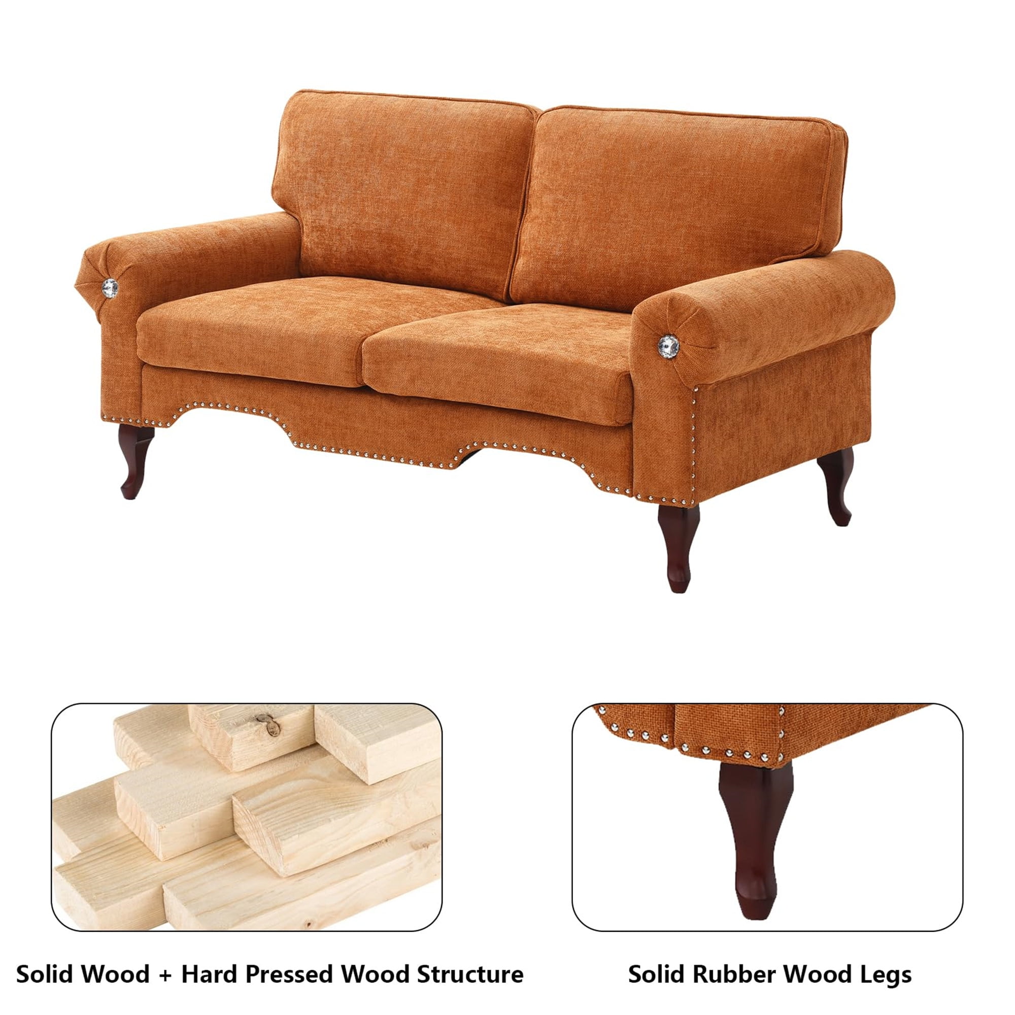 Aukfa 66" Small Sofa Deep Seat Couch with Crystal Button&Copper Nail, Roll Arm, Linen, Orange - Image 4