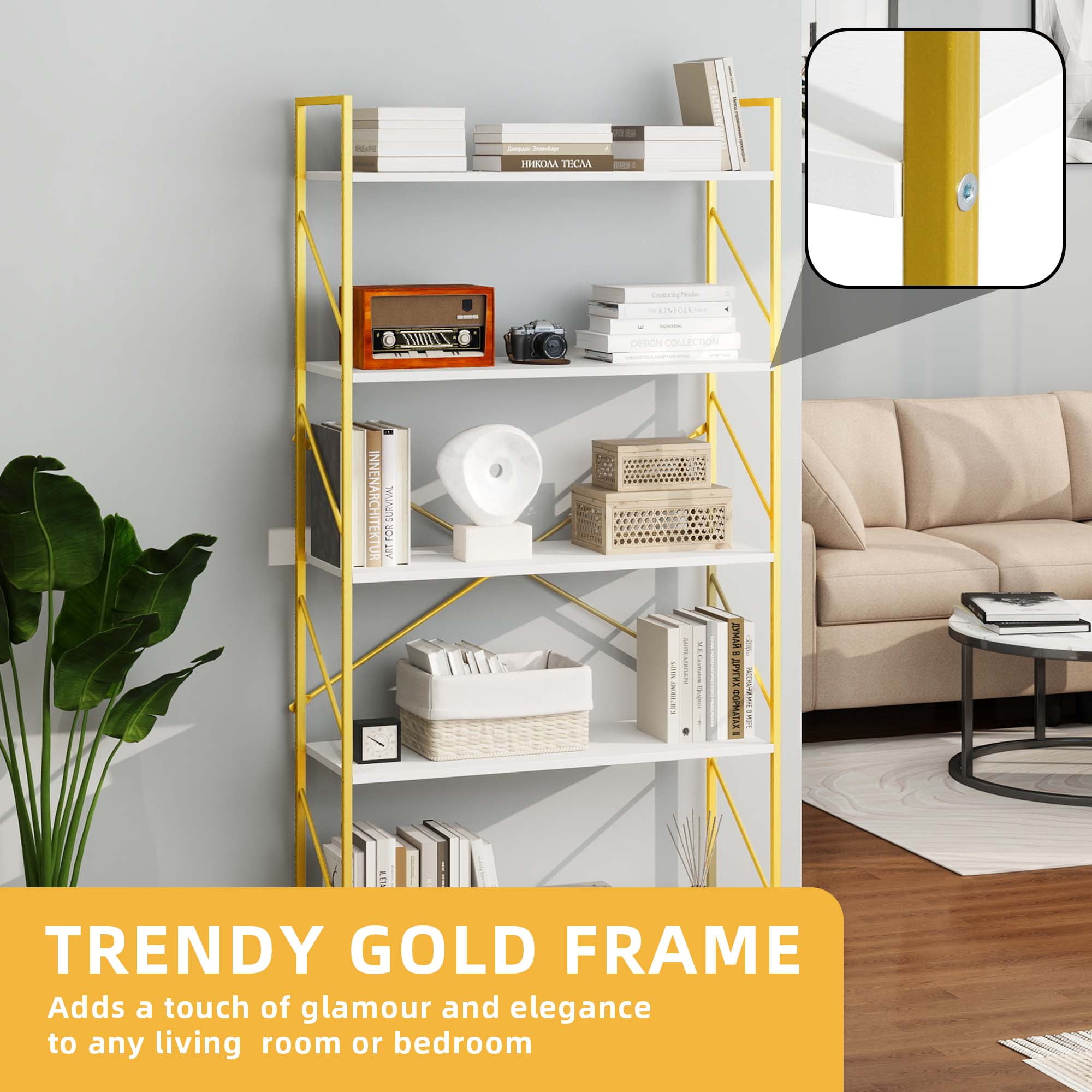 Dextrus 5 Tiers Bookshelf and Bookcase, Modern Wide Gold Bookcase, Open Storage Book Shelves for Living Room Bedroom, Gold - Image 8