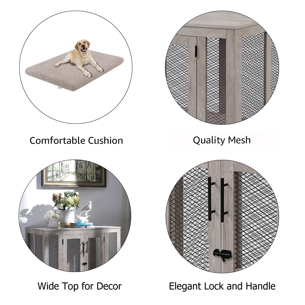 Unipaws Large Dog Crate with Cushion and Tray, Wooden and Metal Net Dog Kennels - Image 5