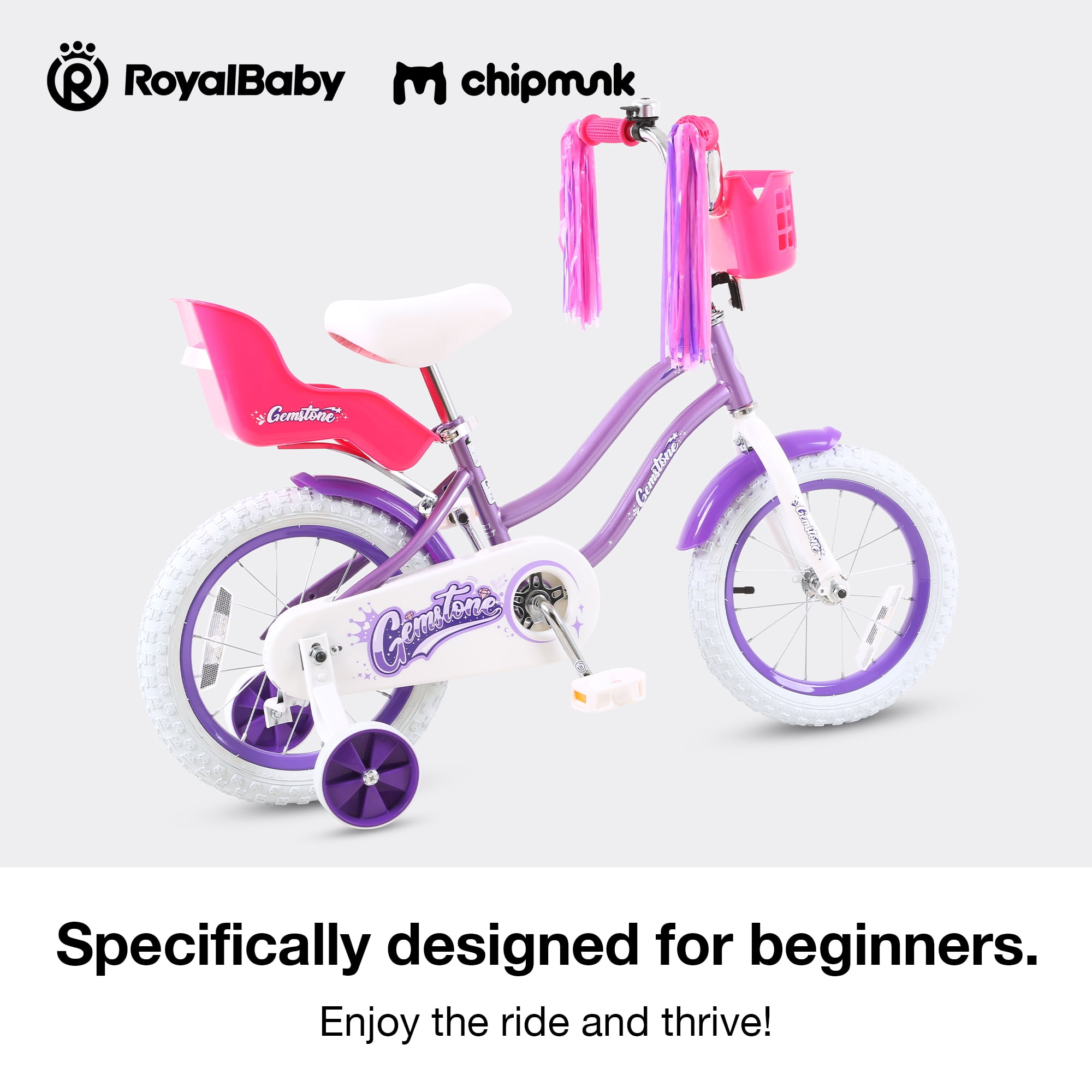 RoyalBaby 14 inch Gemstone Girls Bike Coaster Brake Ages 3-4 Years, With Doll Bike Seat and Streamers Multiple Colors, Purple - Image 9
