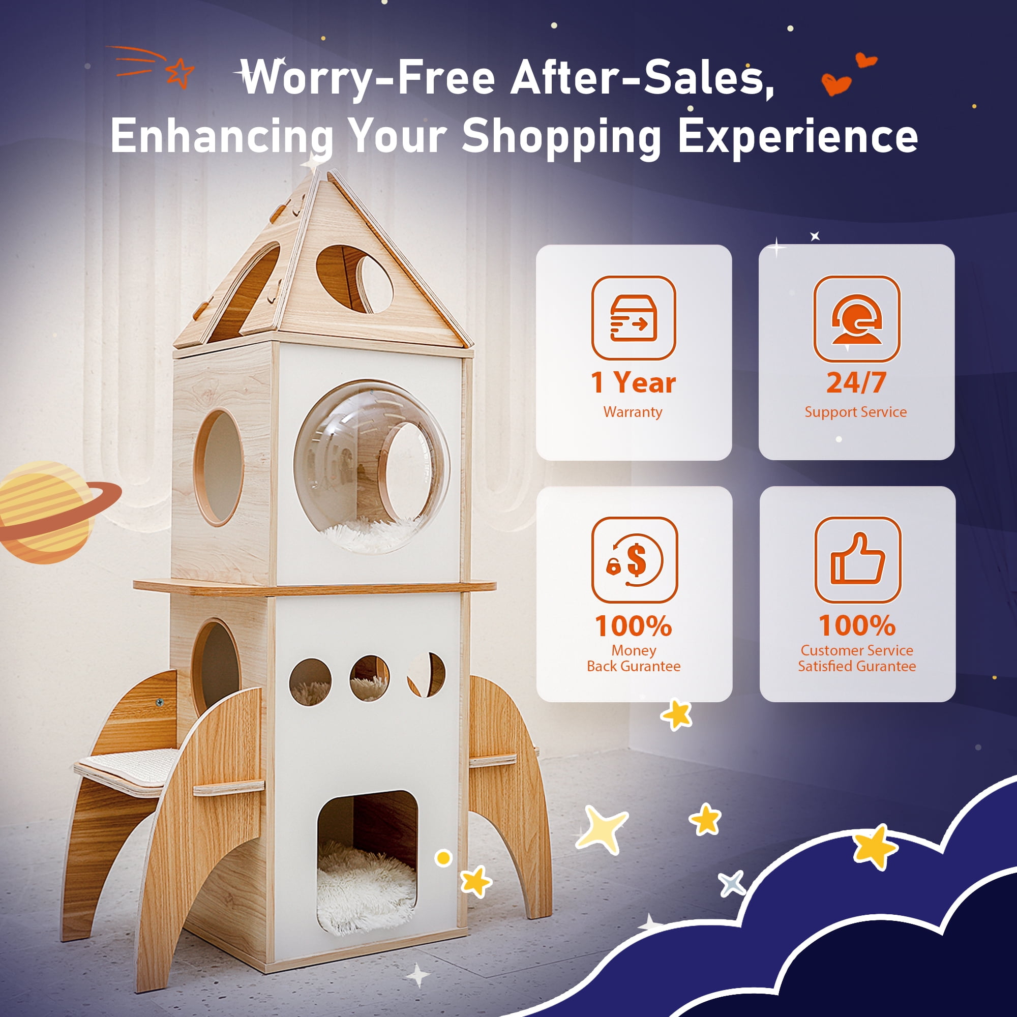 PAWZ Road Modern Cat Tree 54" Rocket Cat Tower Spaceship 3 Condo Cat Furniture for Indoor Cats, Beige - Image 10