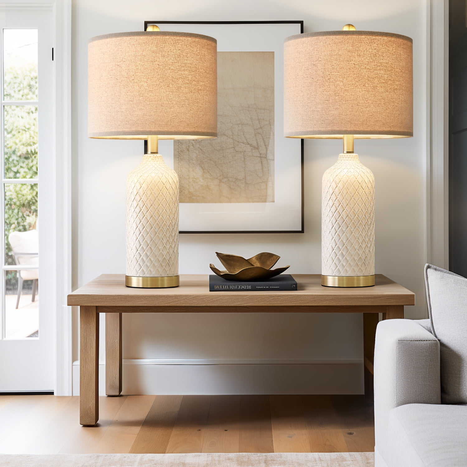 Oneach Ceramic Table Lamps Set of 2 for Living Room Bedroom 24.25" Modern Bedside Nightstand Lamps with Lamp Shades - Image 3