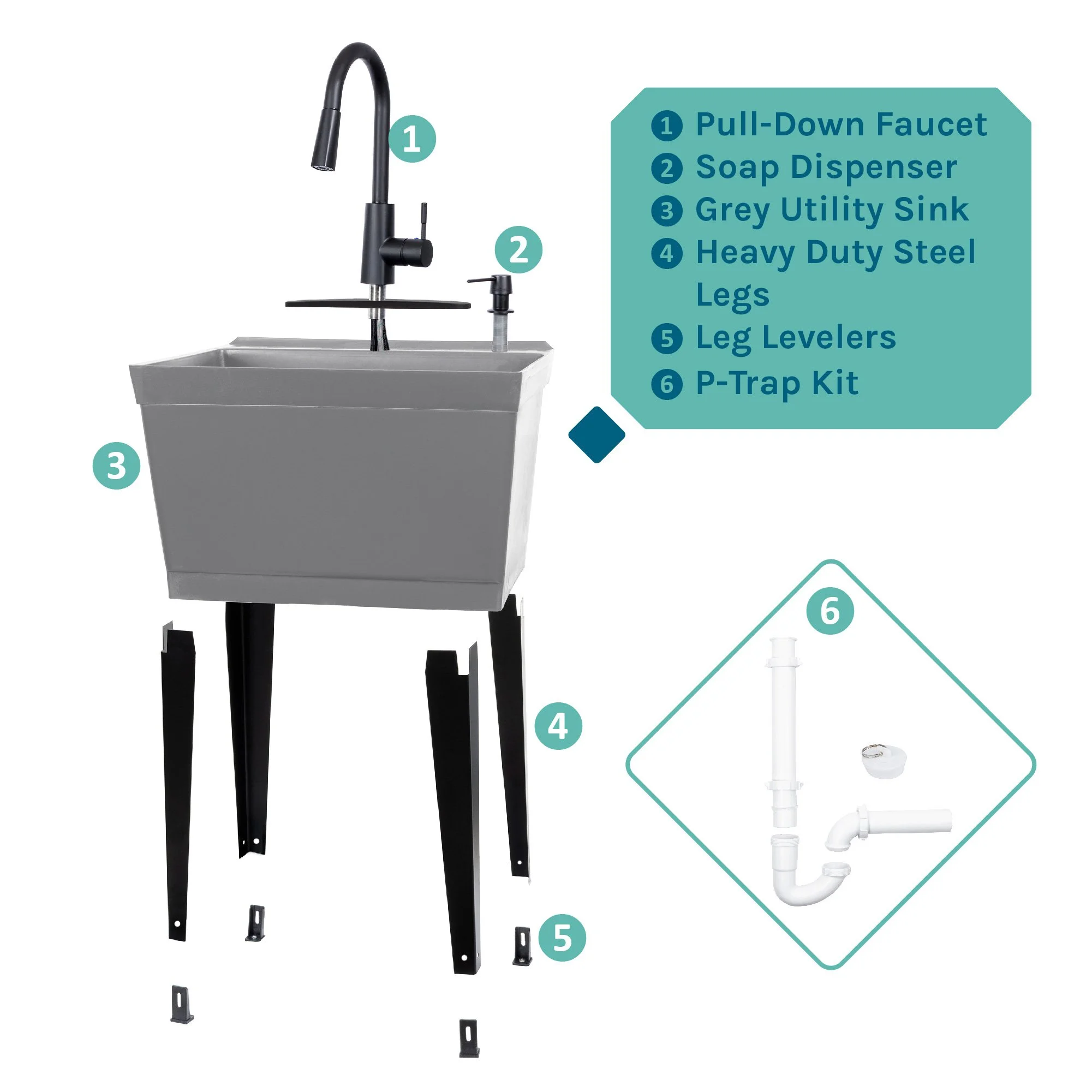 Tehila Grey 19 Gallon Utility Sink with Black High-Arc Faucet - Image 8