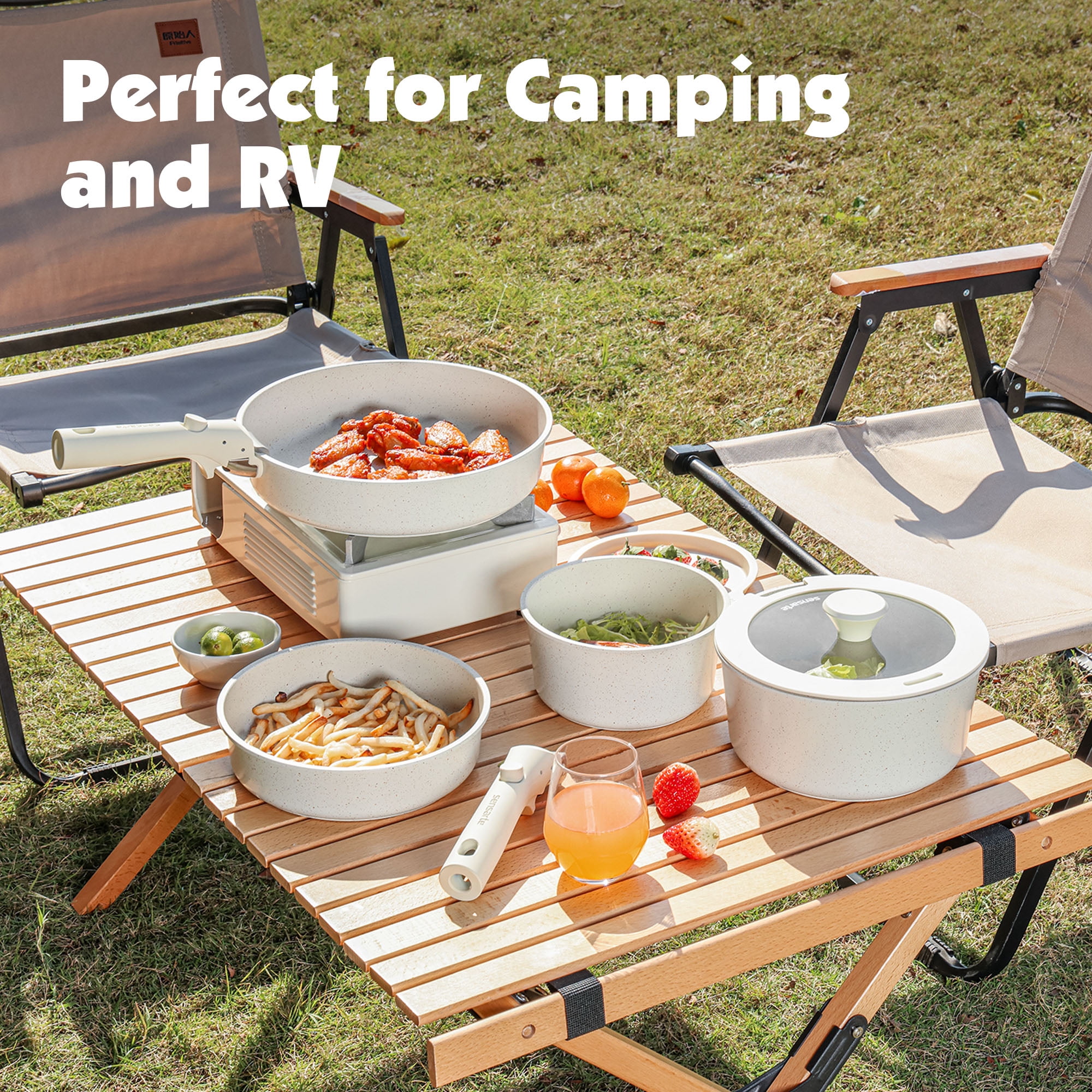 SENSARTE Nonstick Pots and Pans Set with Detachable Handle, 8Pcs Cookware Sets, Space Saving Induction Kitchen Cookware Sets, Dishwasher/Oven Safe(White) - Image 5