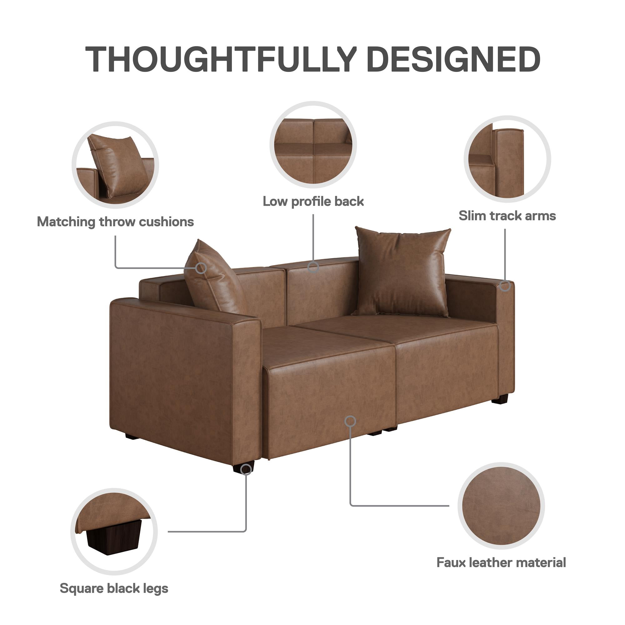 Mainstays Wynnewood 75" Low Profile Faux Leather Sofa Couch with 2 Throw Cushions, Brown - Image 7