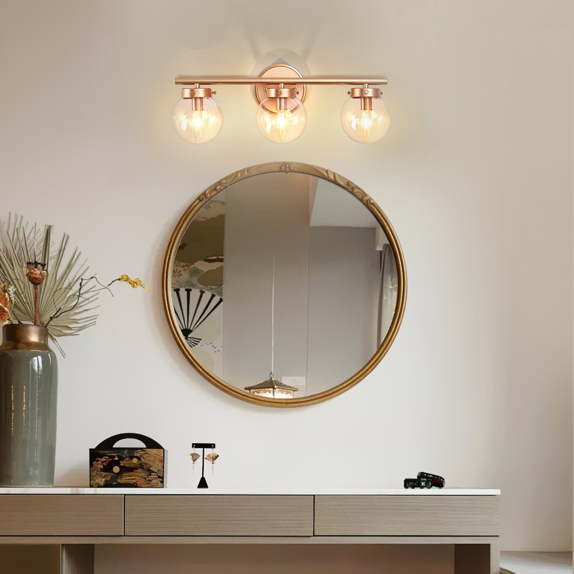 Uznhty 3 Light Gold Vanity Light with Globe Glass Modern Bathroom Wall Sconces E12 Bulb - Image 2