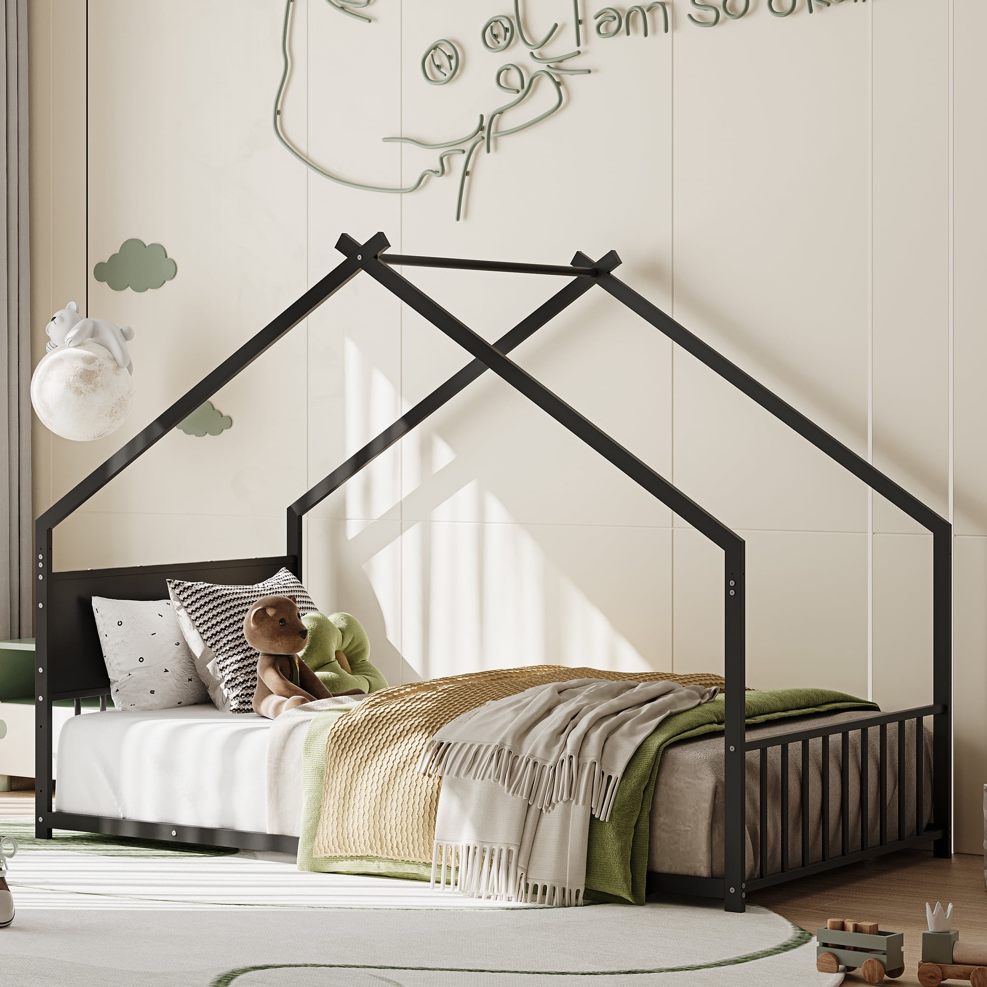 Euroco Metal Twin Size House Bed with LED Lights, Floor Bed with Roof Design, Black - Image 7