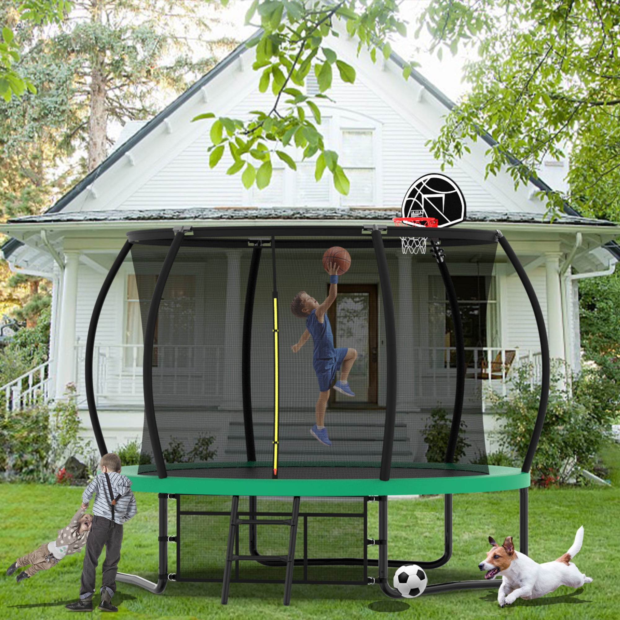 10FT Trampoline,Outdoor Recreational Trampolines with Safety Enclosure Net & Ladder,Pumpkin Trampoline for Kids,Green - Image 2