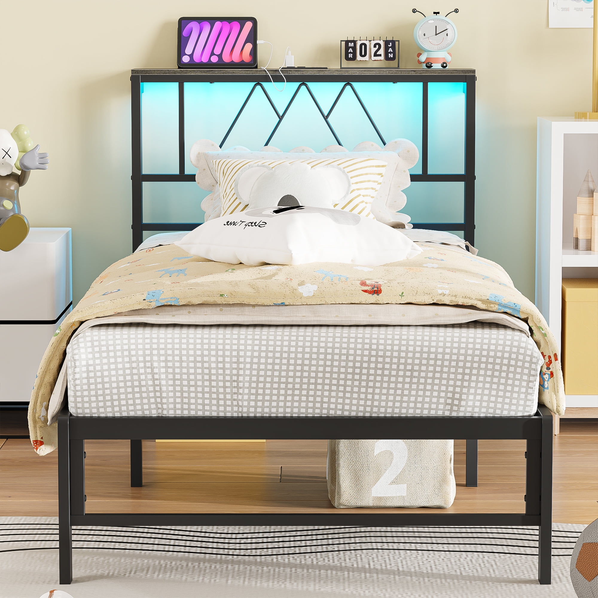 Yoneston Twin Size Platform Bed Fame with LED and Charging Station Storage Headboard No Box Spring Need for Kids Furniture, Black - Image 8