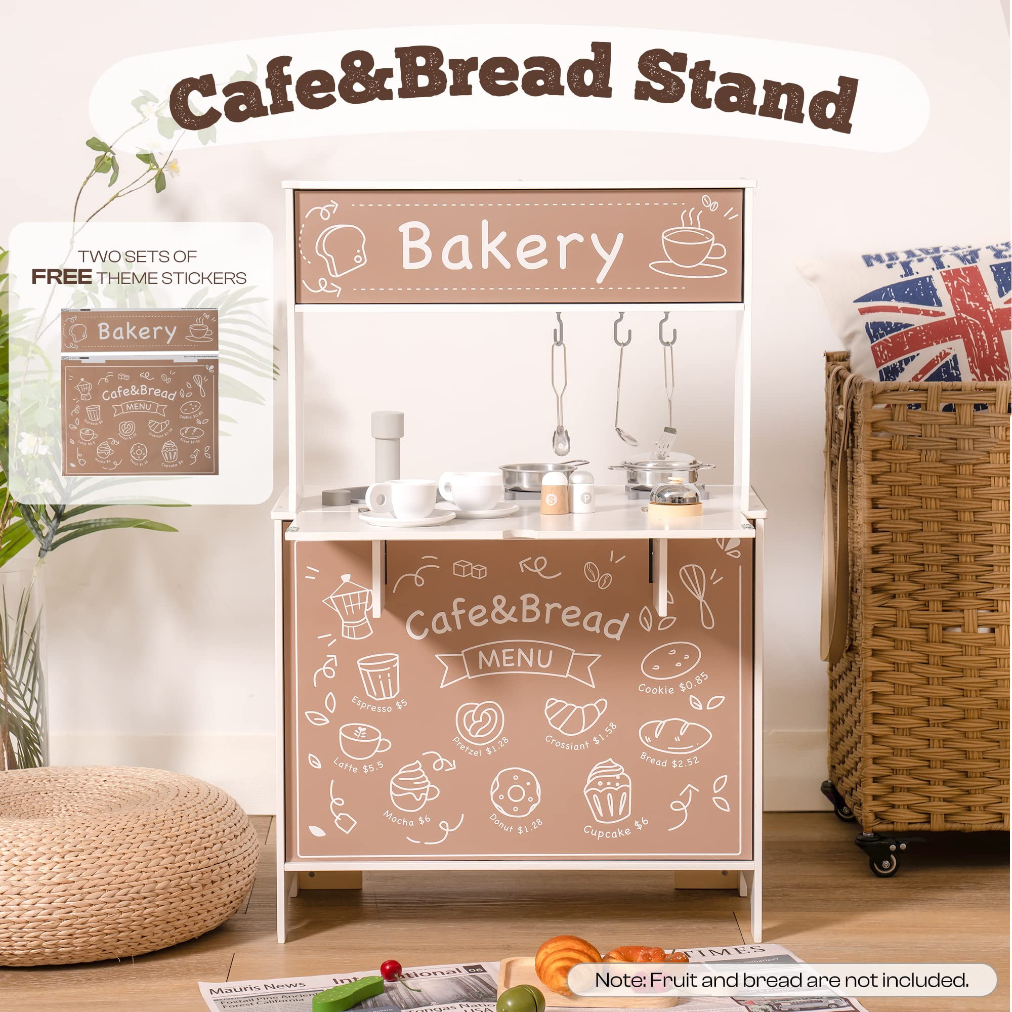 Robud Play Kitchen Set Pretend Play,3 in 1 Wooden Kitchen Playset,with Blackboard Classic Style with Theme Stickers for Boys Girls - Image 10