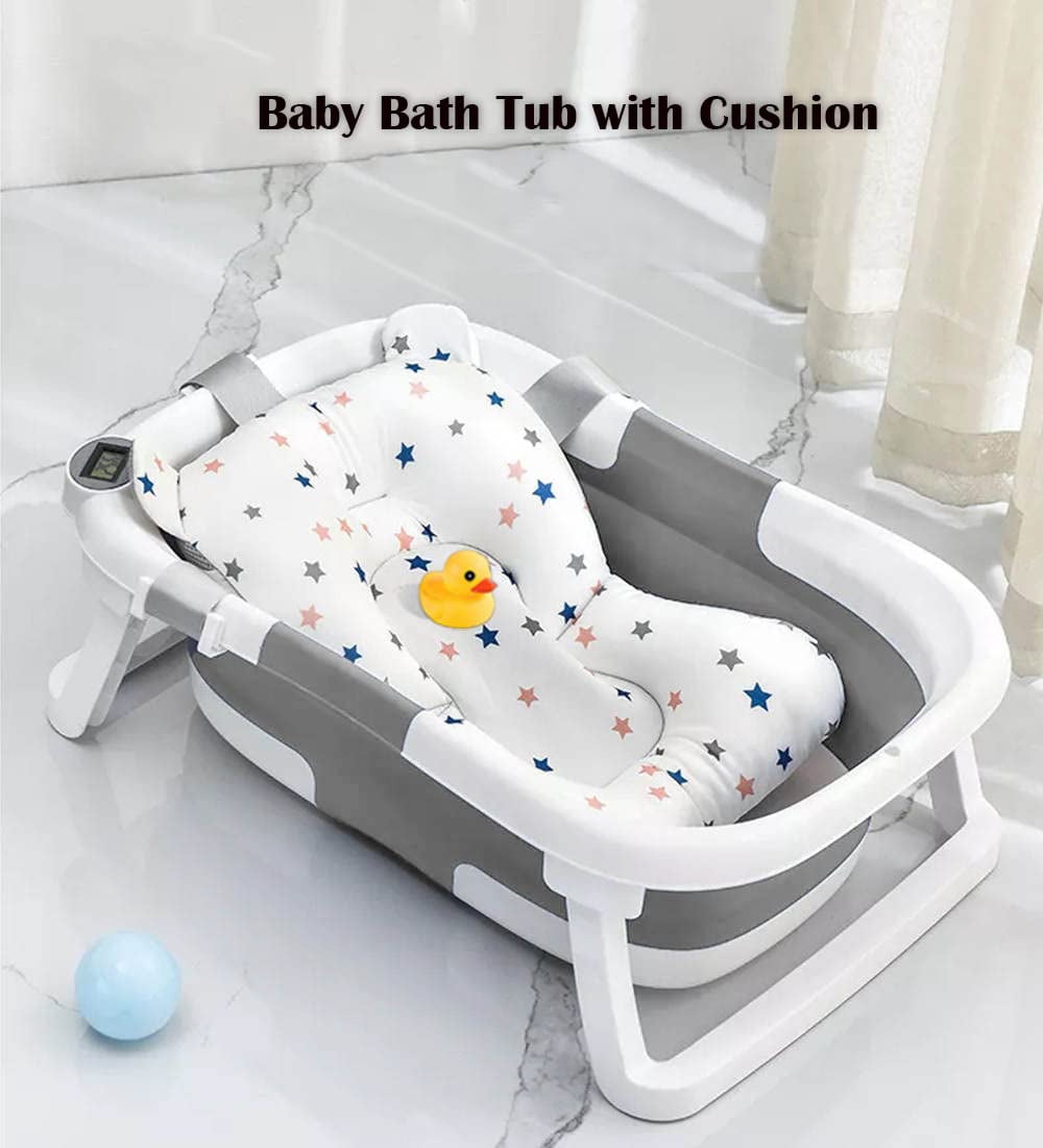 TOPCHANCES Collapsible Baby Bathtub with Thermometer, Newborn Baby Shower Tub with Baby Tub Cushion & Bath Net, Portable Baby Folding Bathtub for 0-12 Month Newborn, Grey - Image 2