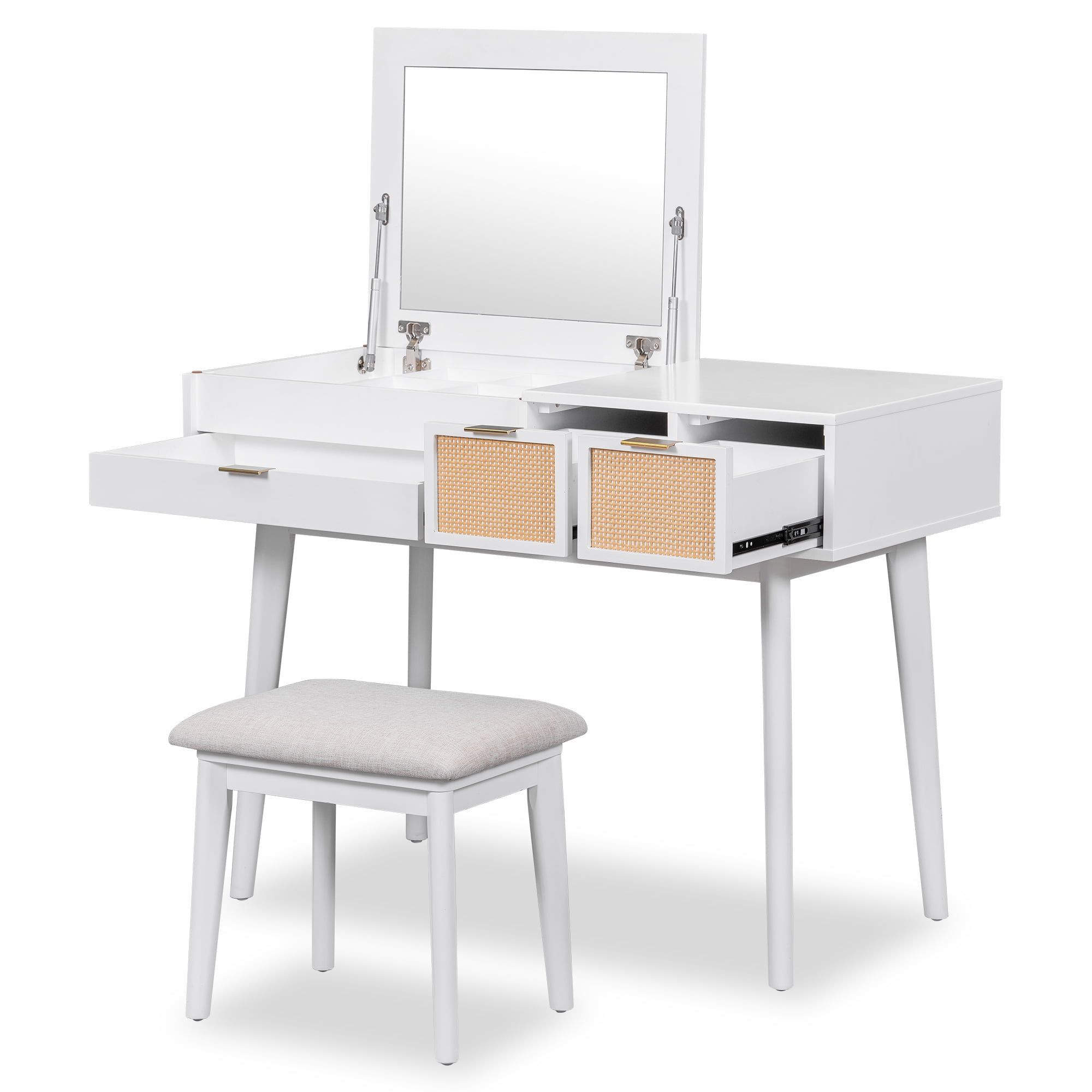 Euroco 43" Modern Makeup Dresser with Flip-top Mirror and Stool, Wood Vanity Set with Three Drawers, White - Image 4