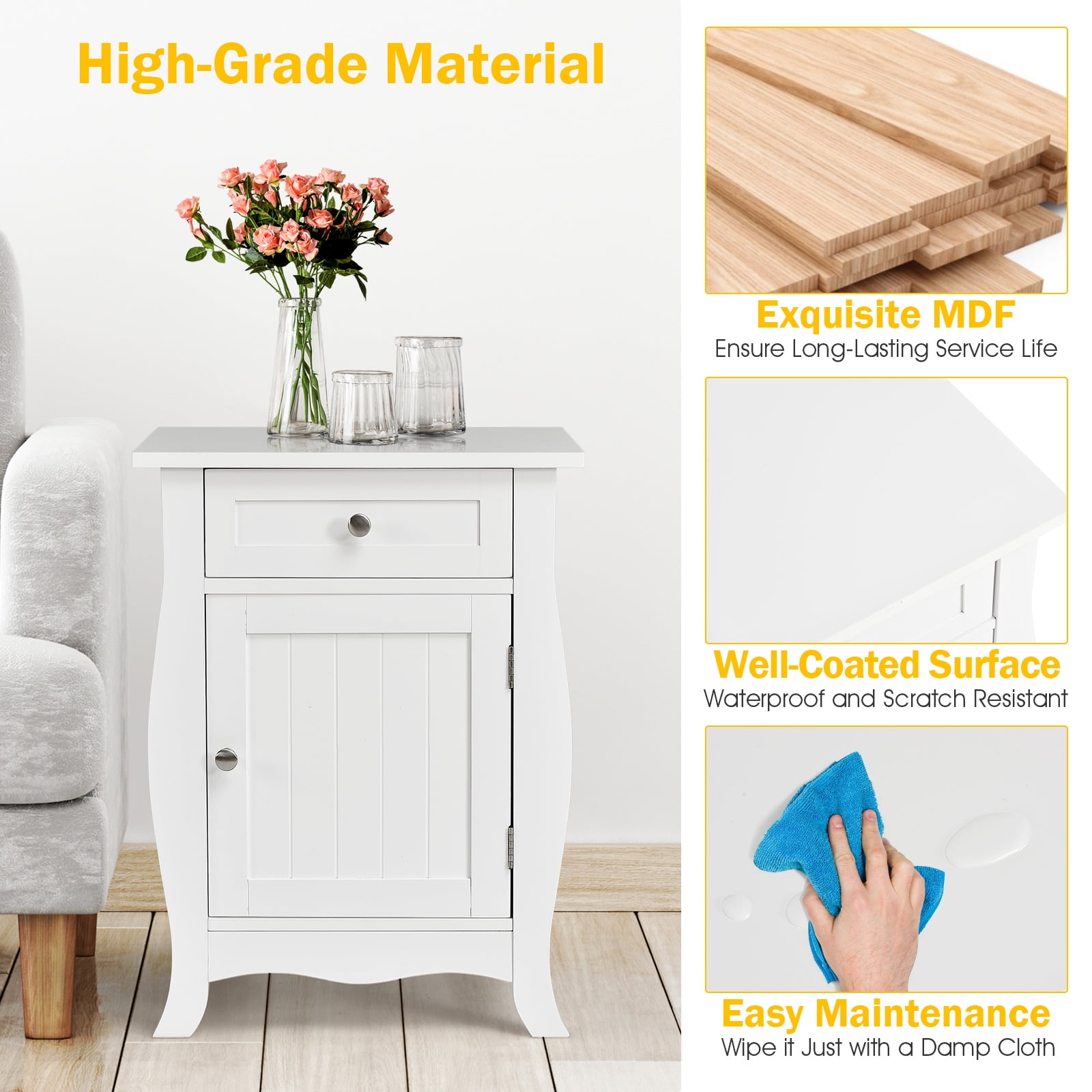 Giantex End Table Accent Storage Floor Cabinet, Wooden Nightstand with Drawer and Single-Door Cabinet, Metal Knobs, Multi-Functional Sofa Bedside Table for Living Room, Bedroom, Hallway - Image 9