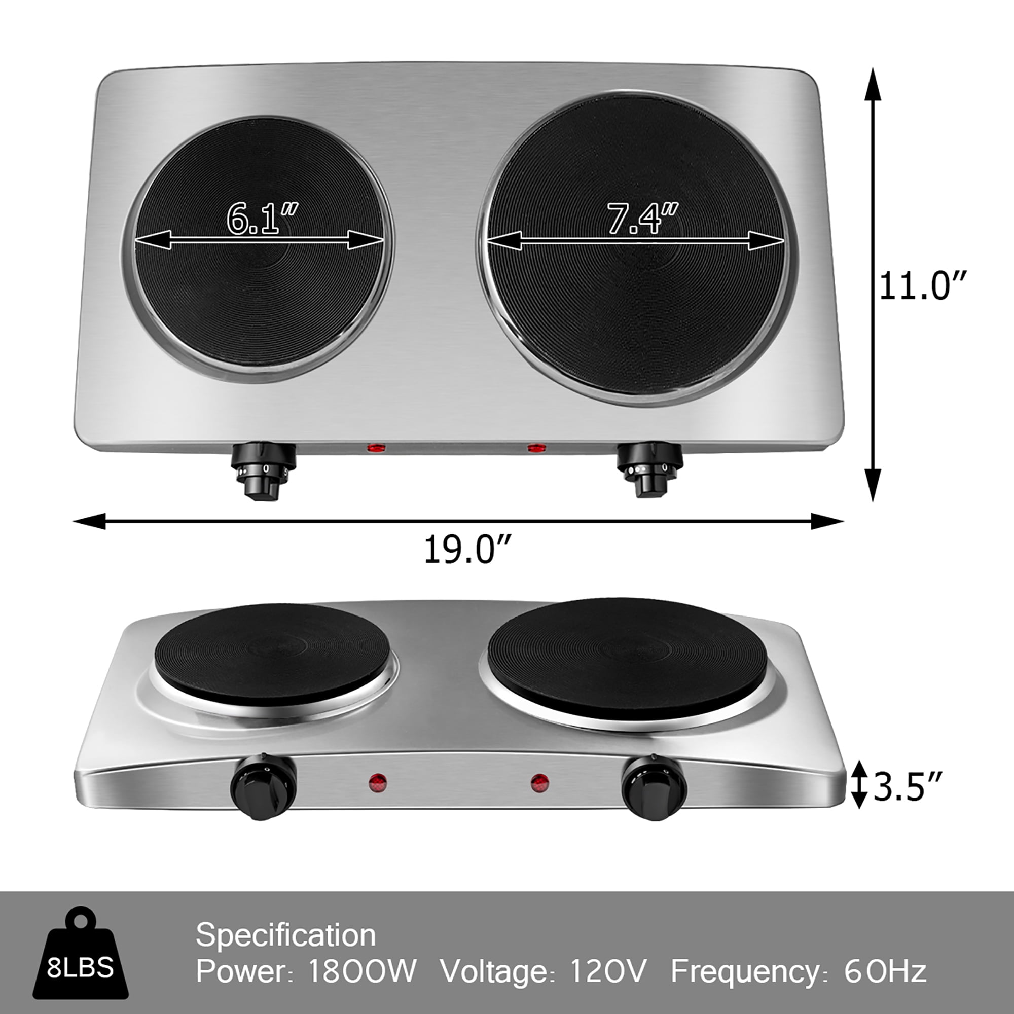 Costway 1800W Double Hot Plate Electric Countertop Burner Stainless Steel 5 Power Levels - Image 2