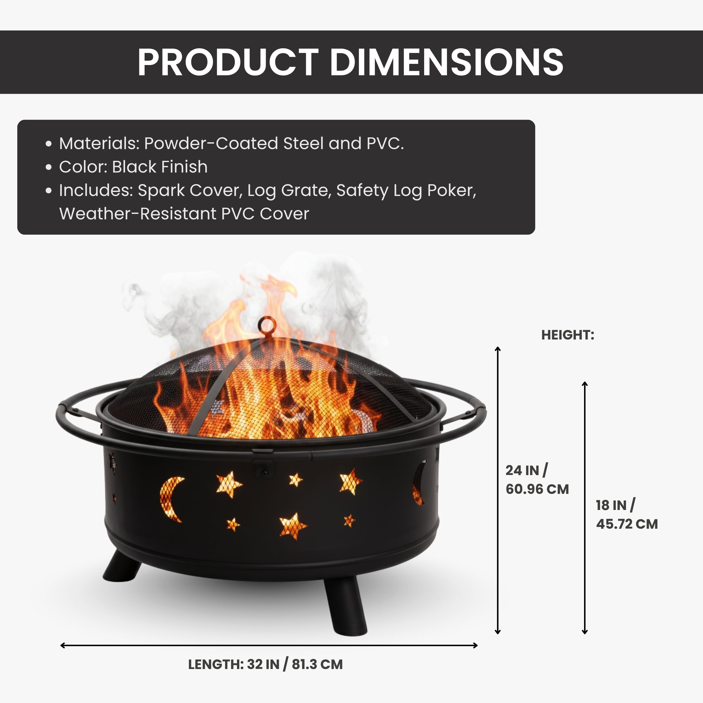 Pure Garden 32-Inch Outdoor Wood Burning Fire Pit with PVC Cover (Black) - Image 3